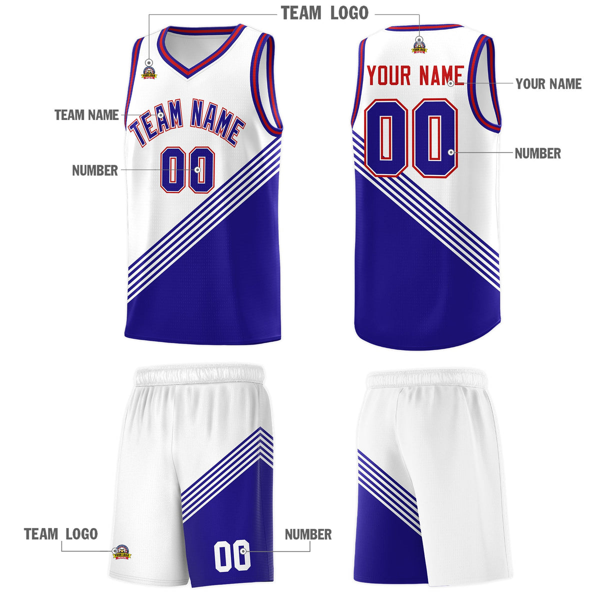 Custom White Royal Blue Red Diagonal Stripes Color Block Sets Basketball Jersey | For Men,For Youth,Sublimation Printed,Perfect for Training,Perfect for Teams | KXKSHOP
