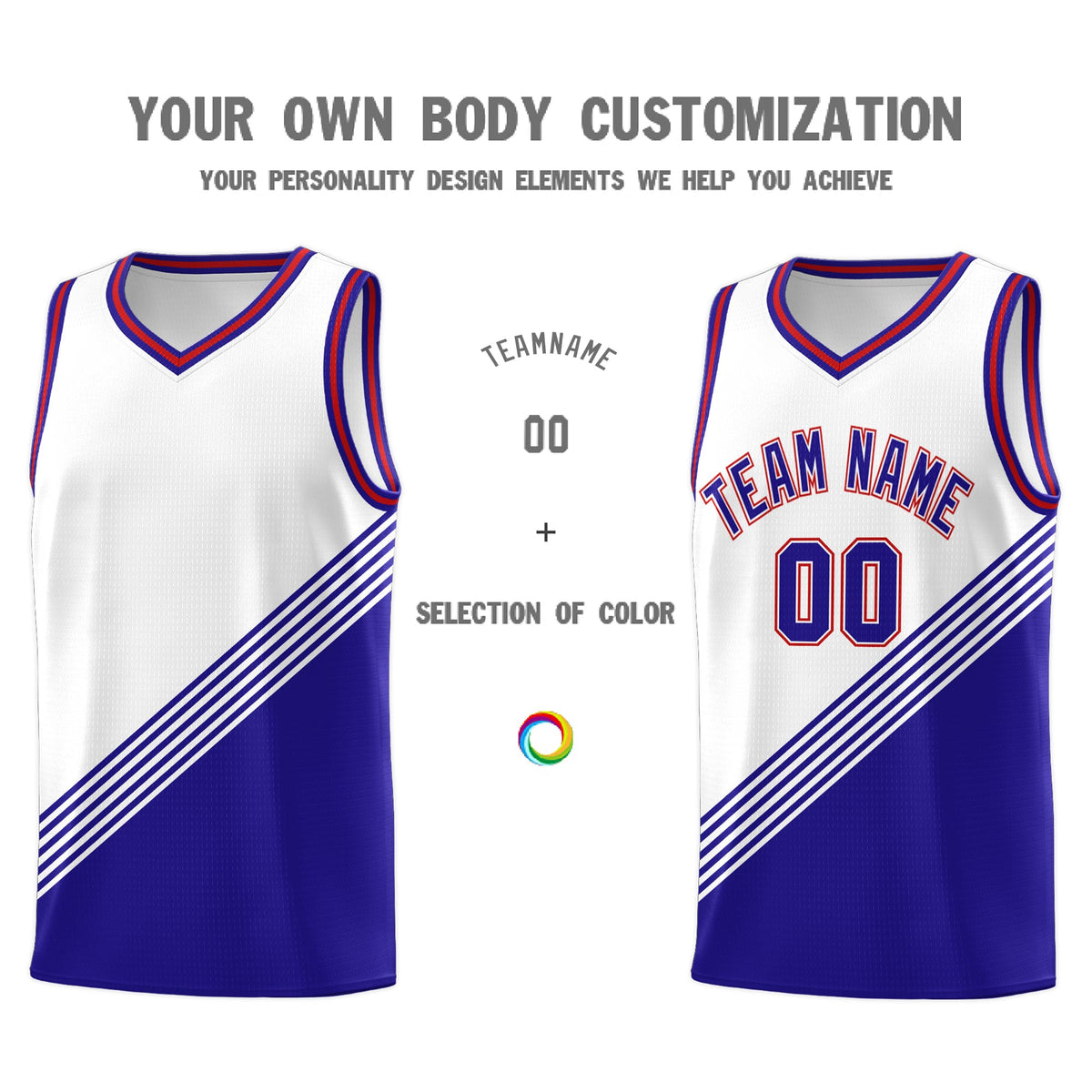 Custom White Royal Blue Red Diagonal Stripes Color Block Sets Basketball Jersey | For Men,For Youth,Sublimation Printed,Perfect for Training,Perfect for Teams | KXKSHOP