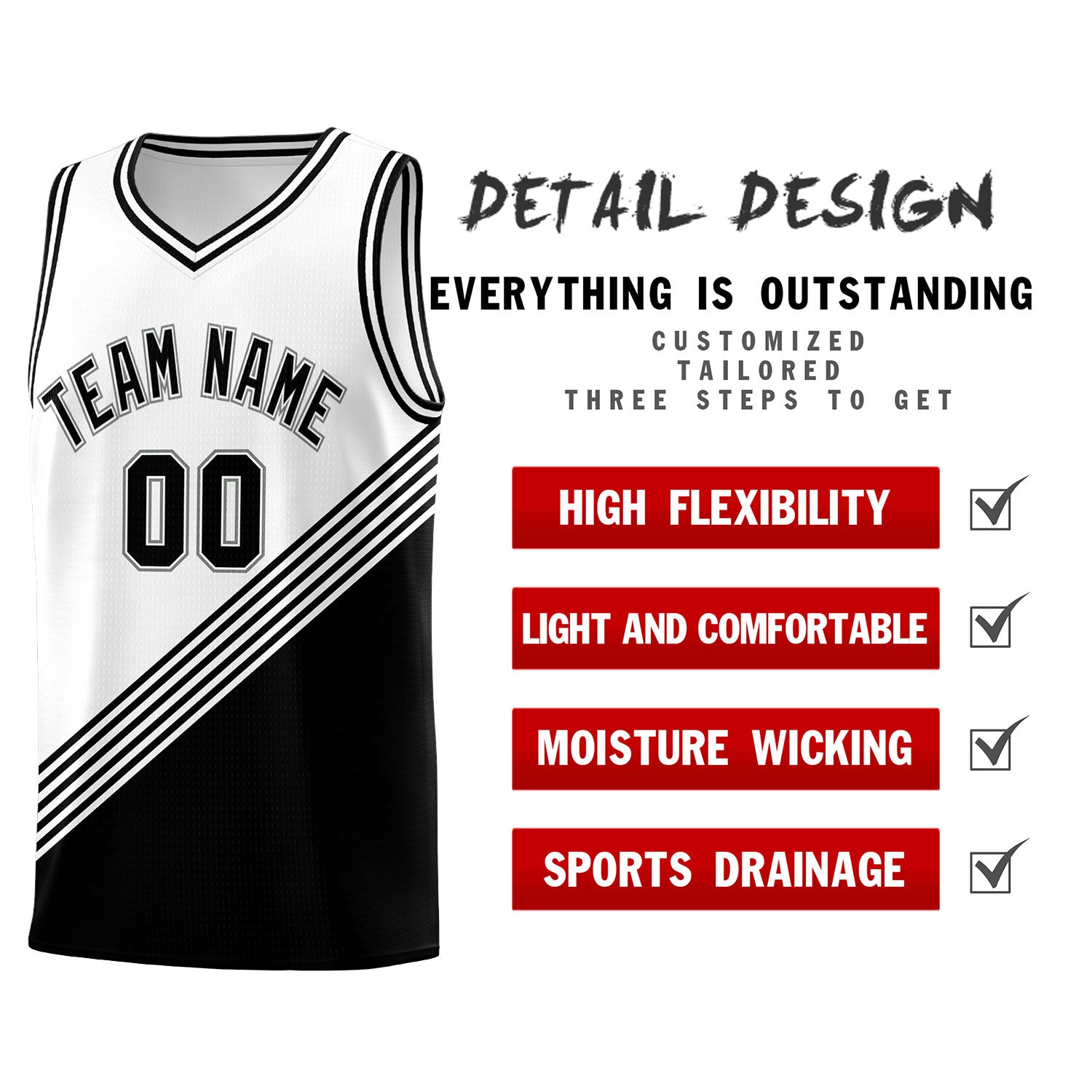 Custom White Black Diagonal Stripes Color Block Sets Basketball Jersey | For Men,For Youth,Sublimation Printed,Perfect for Training,Perfect for Teams | KXKSHOP