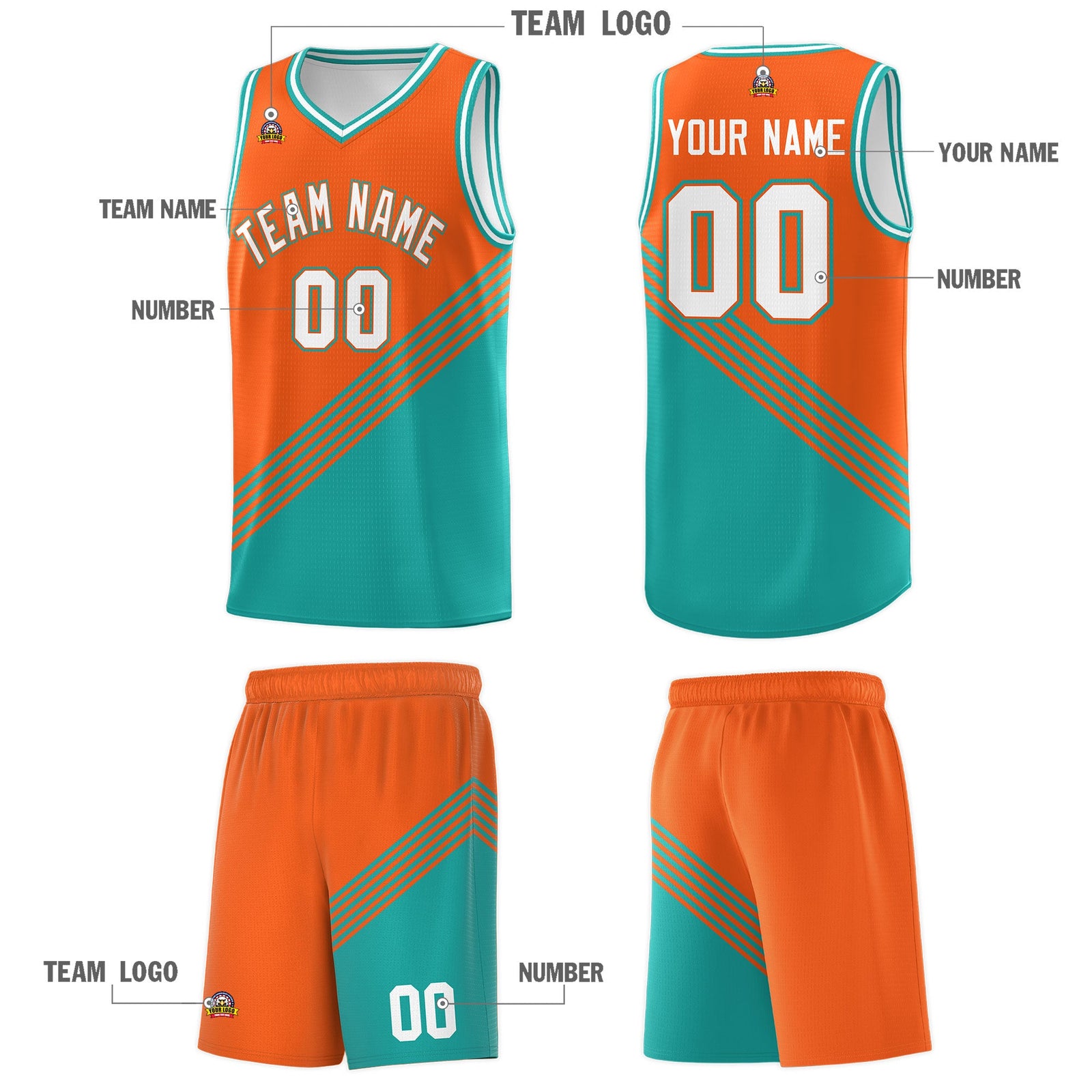 Custom Orange Aqua White Diagonal Stripes Color Block Sets Basketball Jersey | For Men,For Youth,Sublimation Printed,Perfect for Training,Perfect for Teams | KXKSHOP