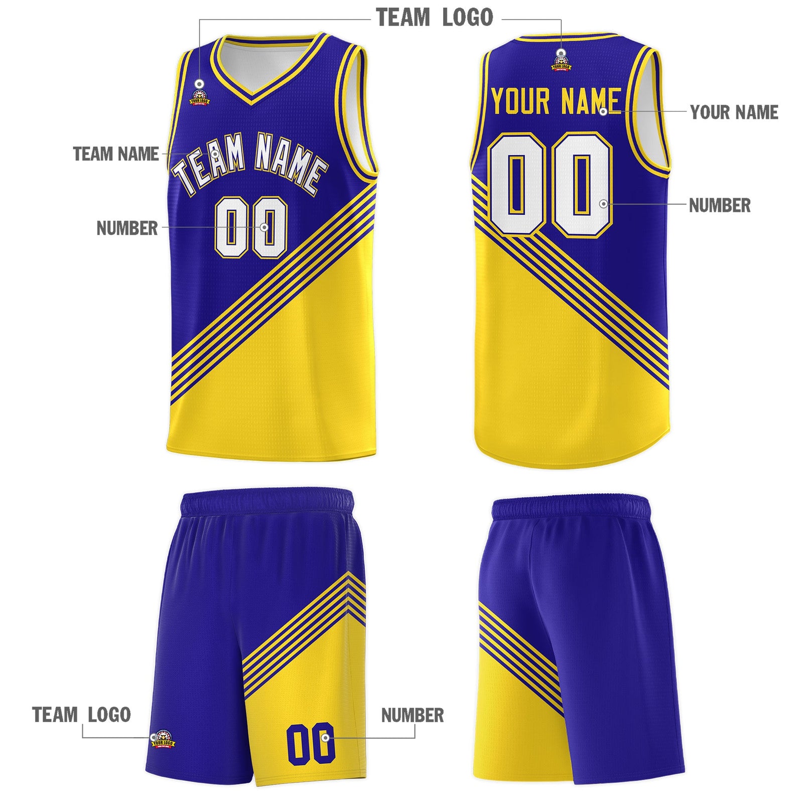 Custom Royal Blue Gold Diagonal Stripes Color Block Sets Basketball Jersey | For Men,For Youth,Sublimation Printed,Perfect for Training,Perfect for Teams | KXKSHOP