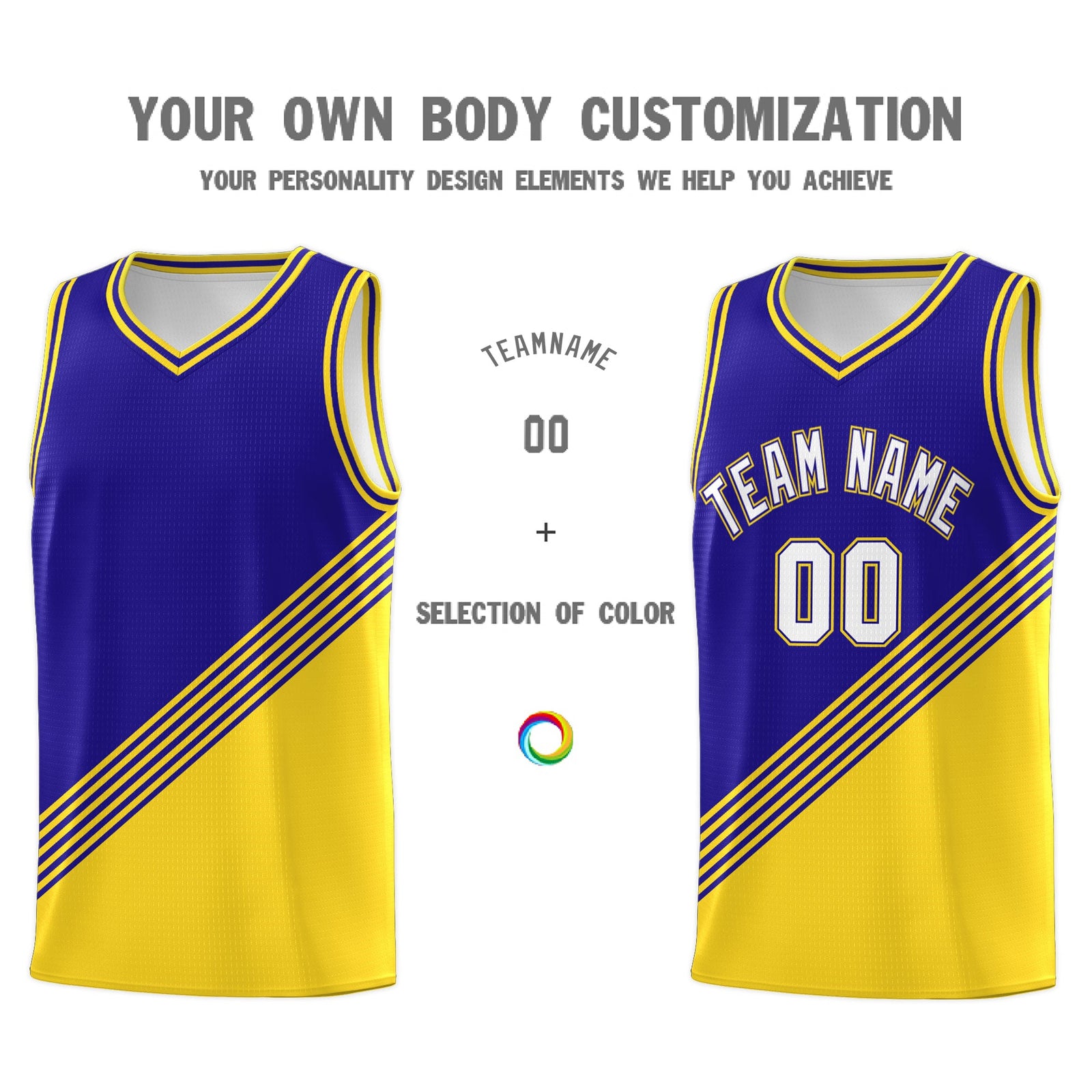 Custom Royal Blue Gold Diagonal Stripes Color Block Sets Basketball Jersey | For Men,For Youth,Sublimation Printed,Perfect for Training,Perfect for Teams | KXKSHOP