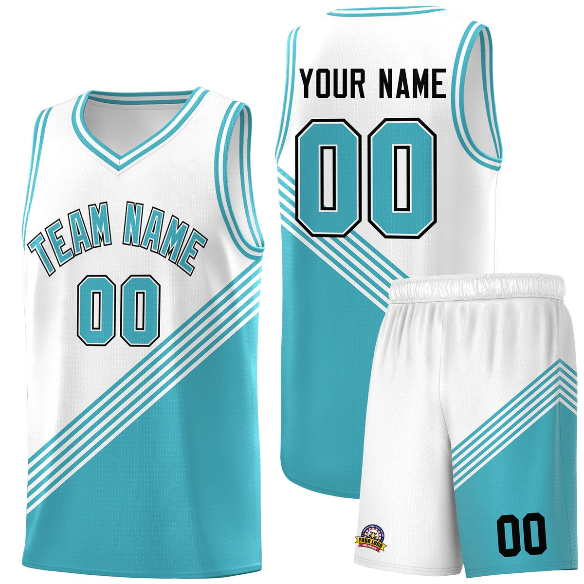 Custom White Sky Blue Diagonal Stripes Color Block Sets Basketball Jersey | For Men,For Youth,Sublimation Printed,Perfect for Training,Perfect for Teams | KXKSHOP