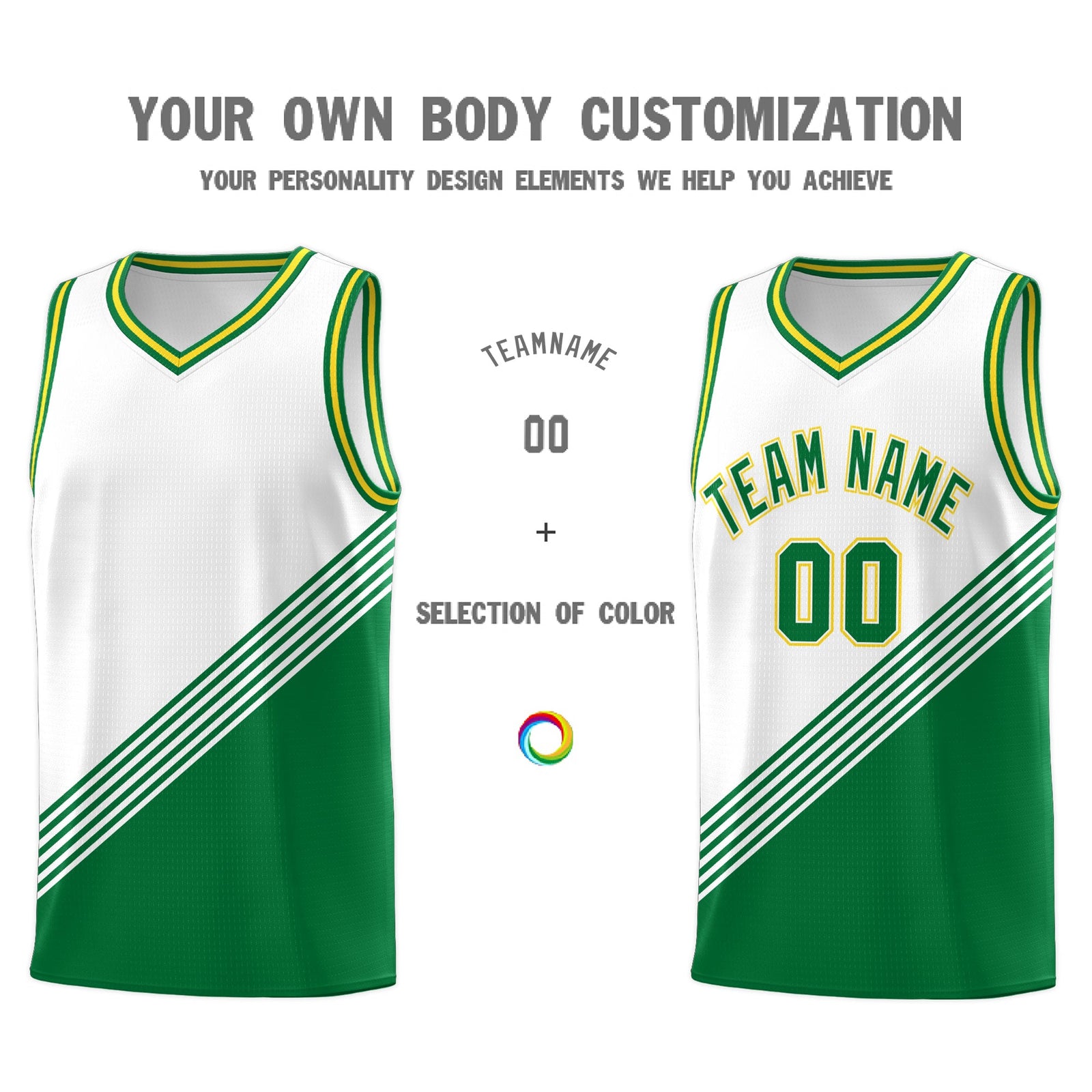 Custom White Kelly Green Gold Diagonal Stripes Color Block Sets Basketball Jersey | For Men,For Youth,Sublimation Printed,Perfect for Training,Perfect for Teams | KXKSHOP