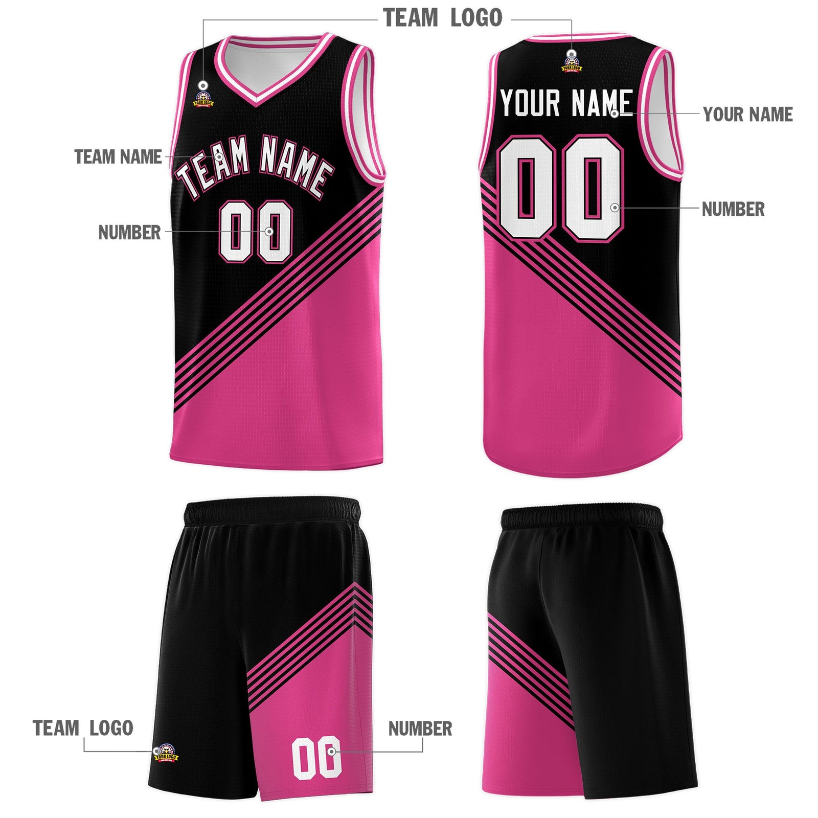 Custom Black Pink White Diagonal Stripes Color Block Sets Basketball Jersey | For Men,For Youth,Sublimation Printed,Perfect for Training,Perfect for Teams | KXKSHOP