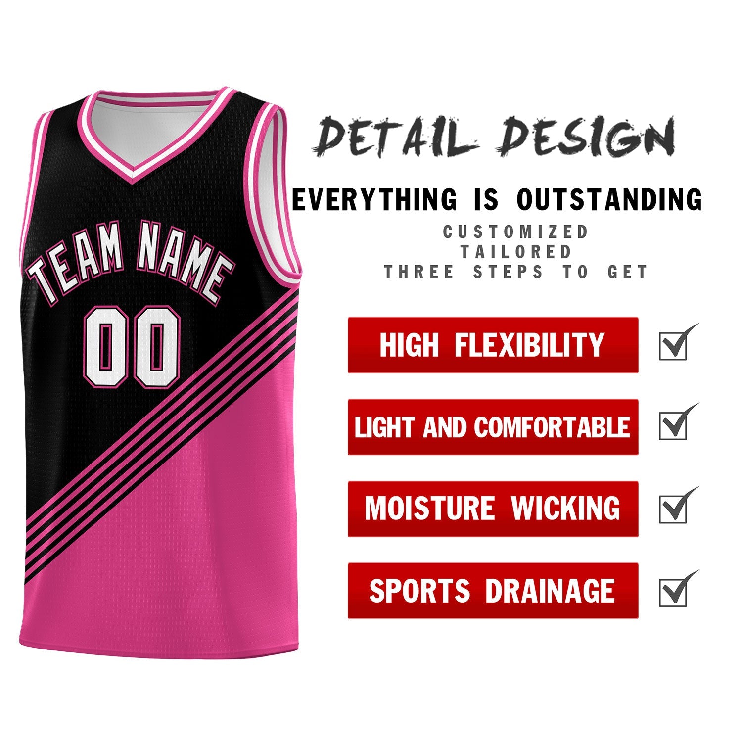 Custom Black Pink White Diagonal Stripes Color Block Sets Basketball Jersey | For Men,For Youth,Sublimation Printed,Perfect for Training,Perfect for Teams | KXKSHOP