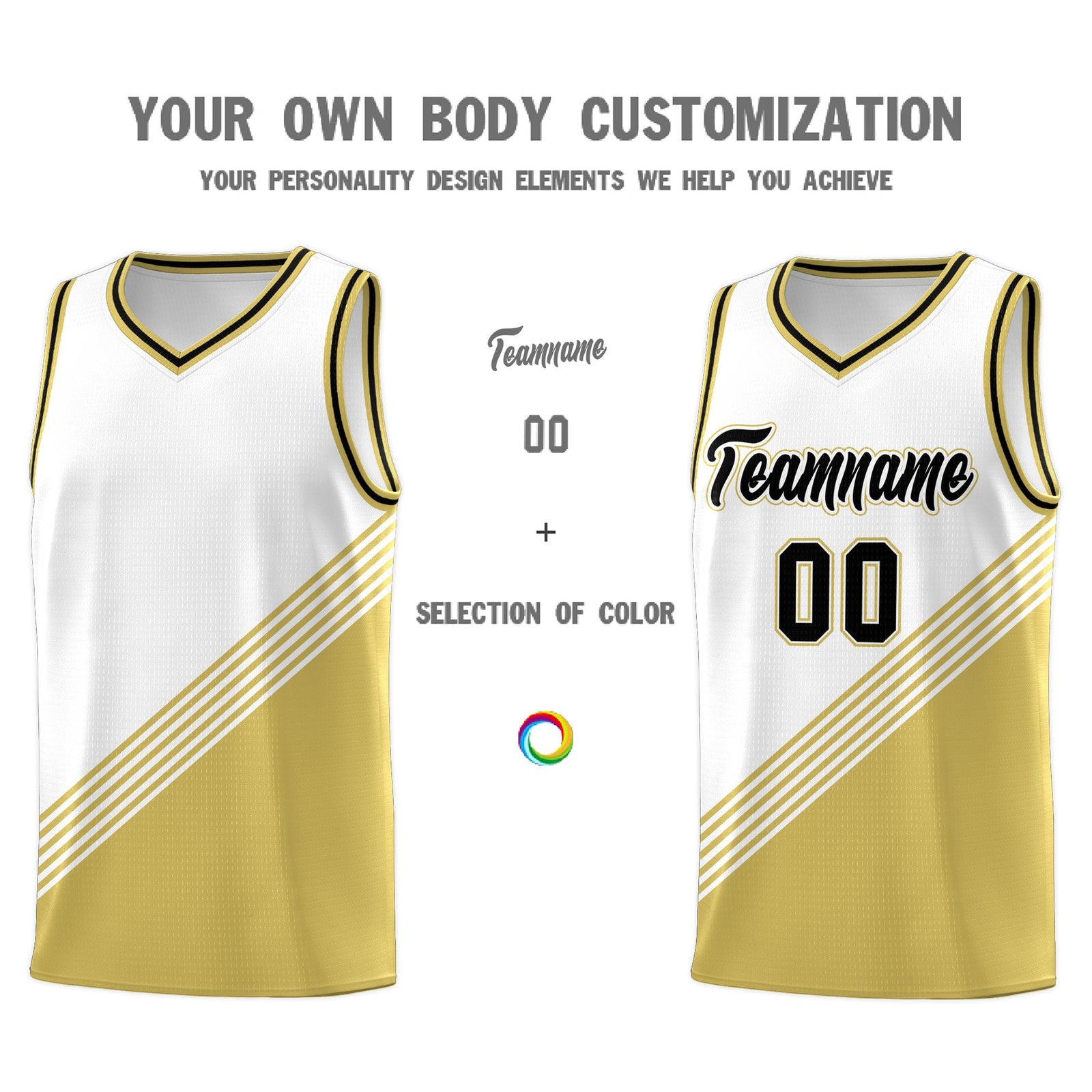 Custom White Old Gold Black Diagonal Stripes Color Block Sets Basketball Jersey | For Men,For Youth,Sublimation Printed,Perfect for Training,Perfect for Teams | KXKSHOP