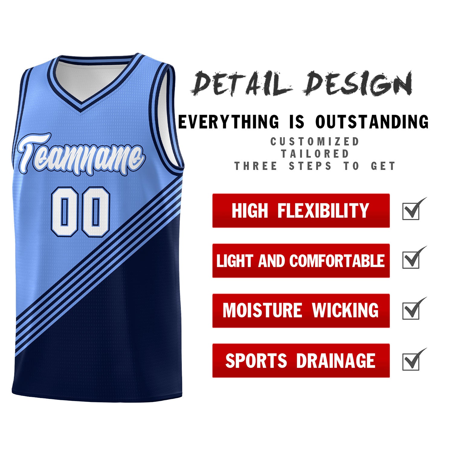 Custom Light Blue Navy Diagonal Stripes Color Block Sets Basketball Jersey | For Men,For Youth,Sublimation Printed,Perfect for Training,Perfect for Teams | KXKSHOP
