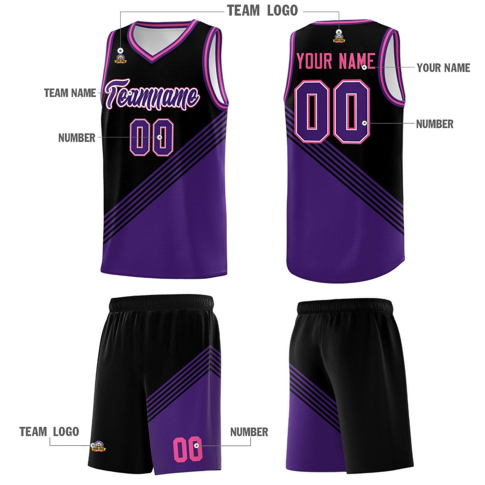 Custom Black Purple Pink Diagonal Stripes Color Block Sets Basketball Jersey | For Men,For Youth,Sublimation Printed,Perfect for Training,Perfect for Teams | KXKSHOP