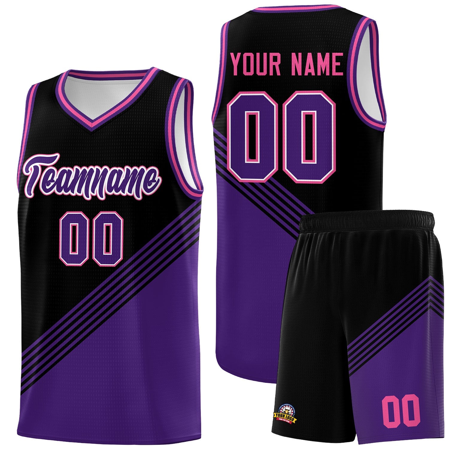Custom Black Purple Pink Diagonal Stripes Color Block Sets Basketball Jersey | For Men,For Youth,Sublimation Printed,Perfect for Training,Perfect for Teams | KXKSHOP