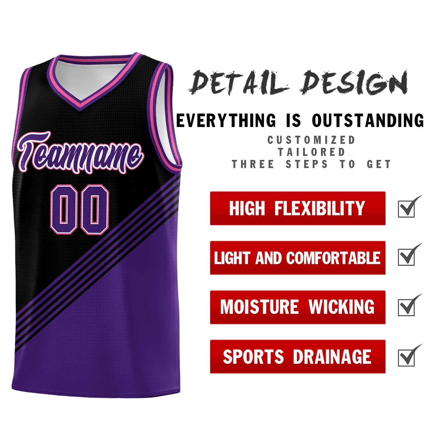 Custom Black Purple Pink Diagonal Stripes Color Block Sets Basketball Jersey | For Men,For Youth,Sublimation Printed,Perfect for Training,Perfect for Teams | KXKSHOP