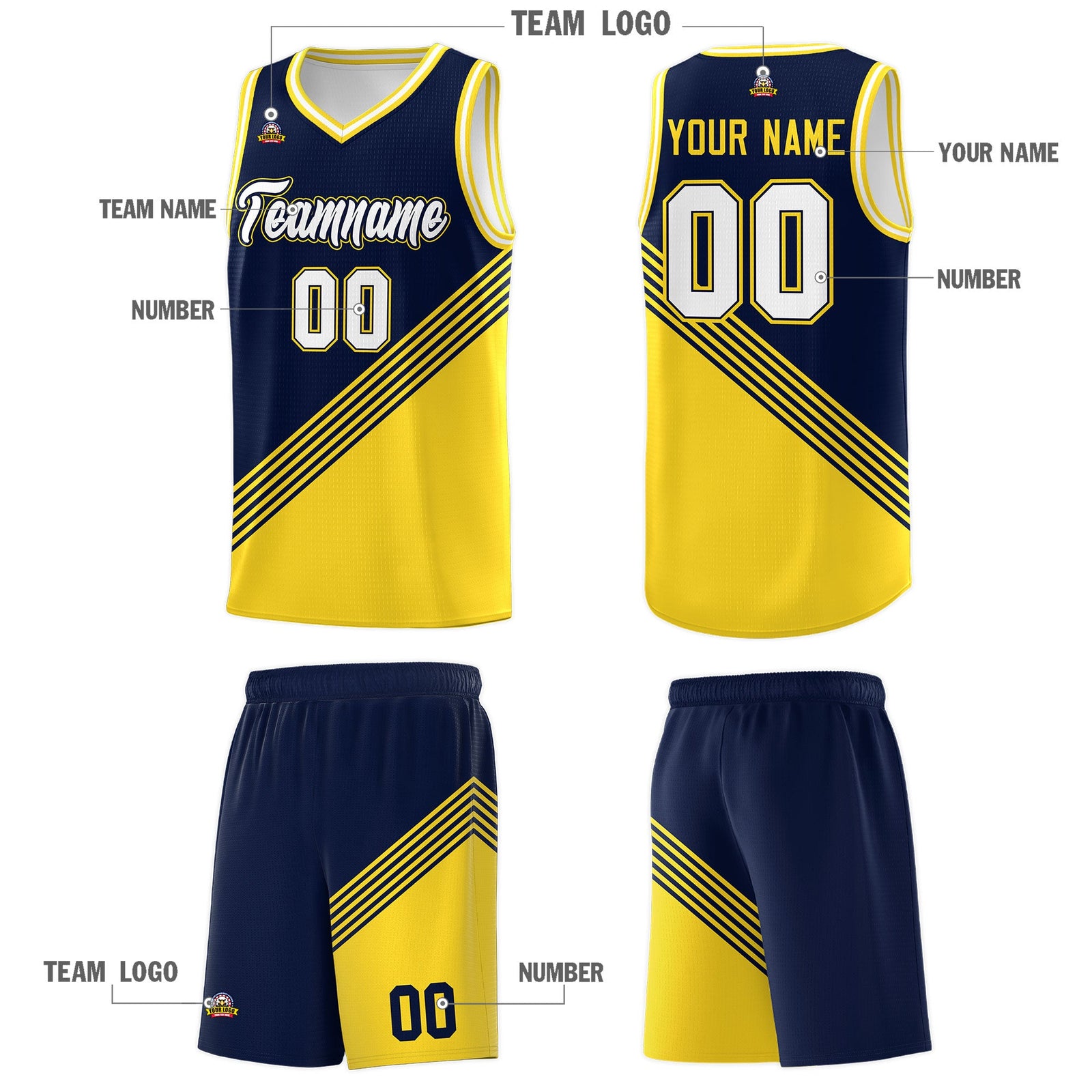 Custom Navy Gold White Diagonal Stripes Color Block Sets Basketball Jersey | For Men,For Youth,Sublimation Printed,Perfect for Training,Perfect for Teams | KXKSHOP
