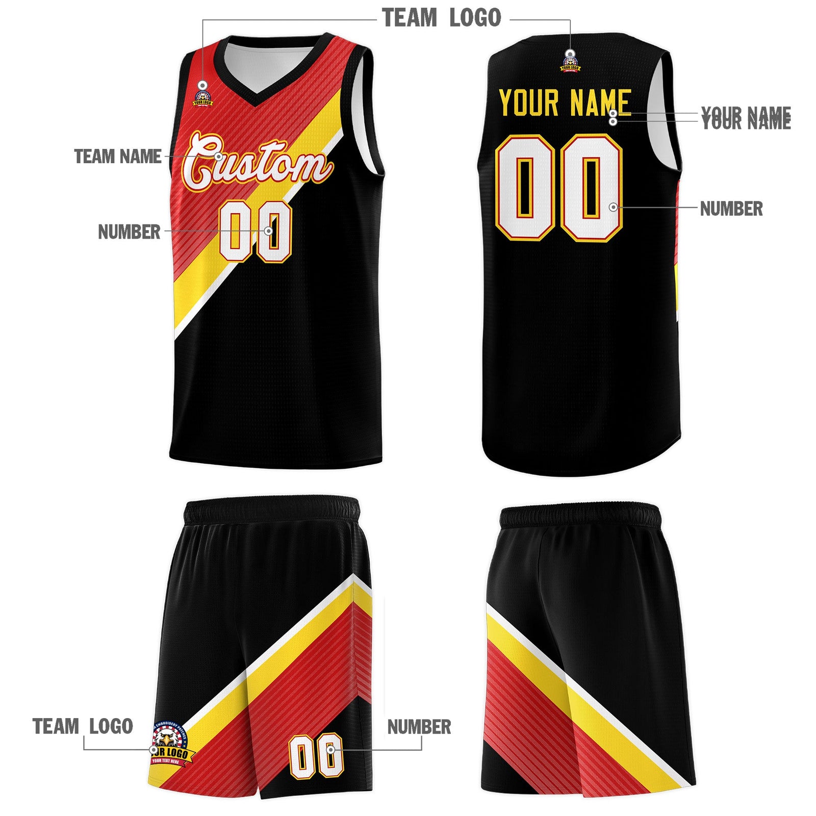 Custom Red Gold Black Diagonal Stripes Color Block Sets Basketball Jersey | For Men,Perfect for Teams,Perfect for Coaches,Sublimation Printed,For Kid,For Youth | KXKSHOP