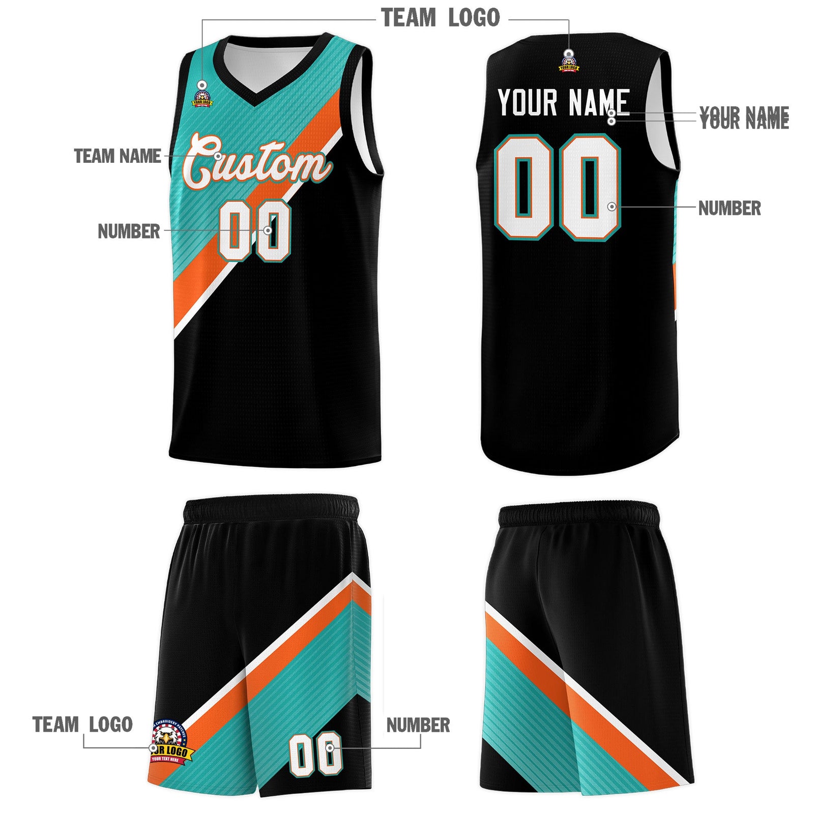 Custom Aqua Orange Black Diagonal Stripes Color Block Sets Basketball Jersey | For Men,Perfect for Teams,Perfect for Coaches,Sublimation Printed,For Kid,For Youth | KXKSHOP