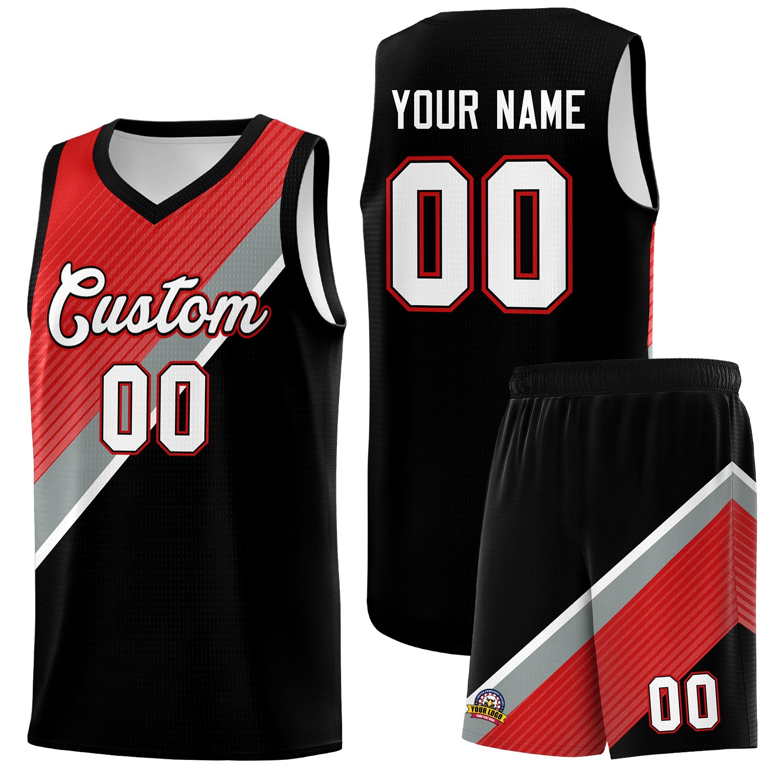 Custom Black Red Silver Gray Diagonal Stripes Color Block Sets Basketball Jersey | For Men,Perfect for Teams,Perfect for Coaches,Sublimation Printed,For Kid,For Youth | KXKSHOP