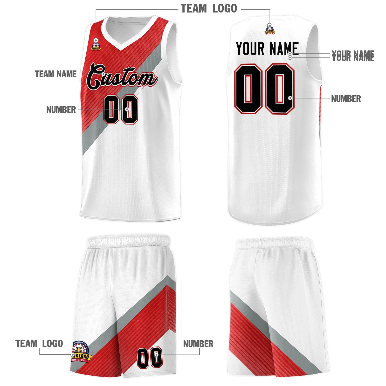 Custom Red Silver Gray White Diagonal Stripes Color Block Sets Basketball Jersey | For Men,Perfect for Teams,Perfect for Coaches,Sublimation Printed,For Kid,For Youth | KXKSHOP