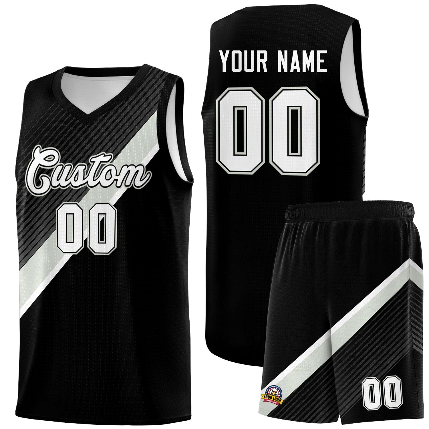 Custom Black Gray White Diagonal Stripes Color Block Sets Basketball Jersey | For Men,Perfect for Teams,Perfect for Coaches,Sublimation Printed,For Kid,For Youth | KXKSHOP