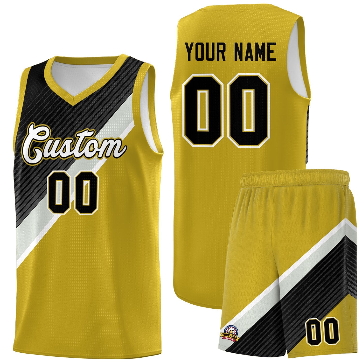 Custom Old Gold Black Gray Diagonal Stripes Color Block Sets Basketball Jersey | For Men,Perfect for Teams,Perfect for Coaches,Sublimation Printed,For Kid,For Youth | KXKSHOP