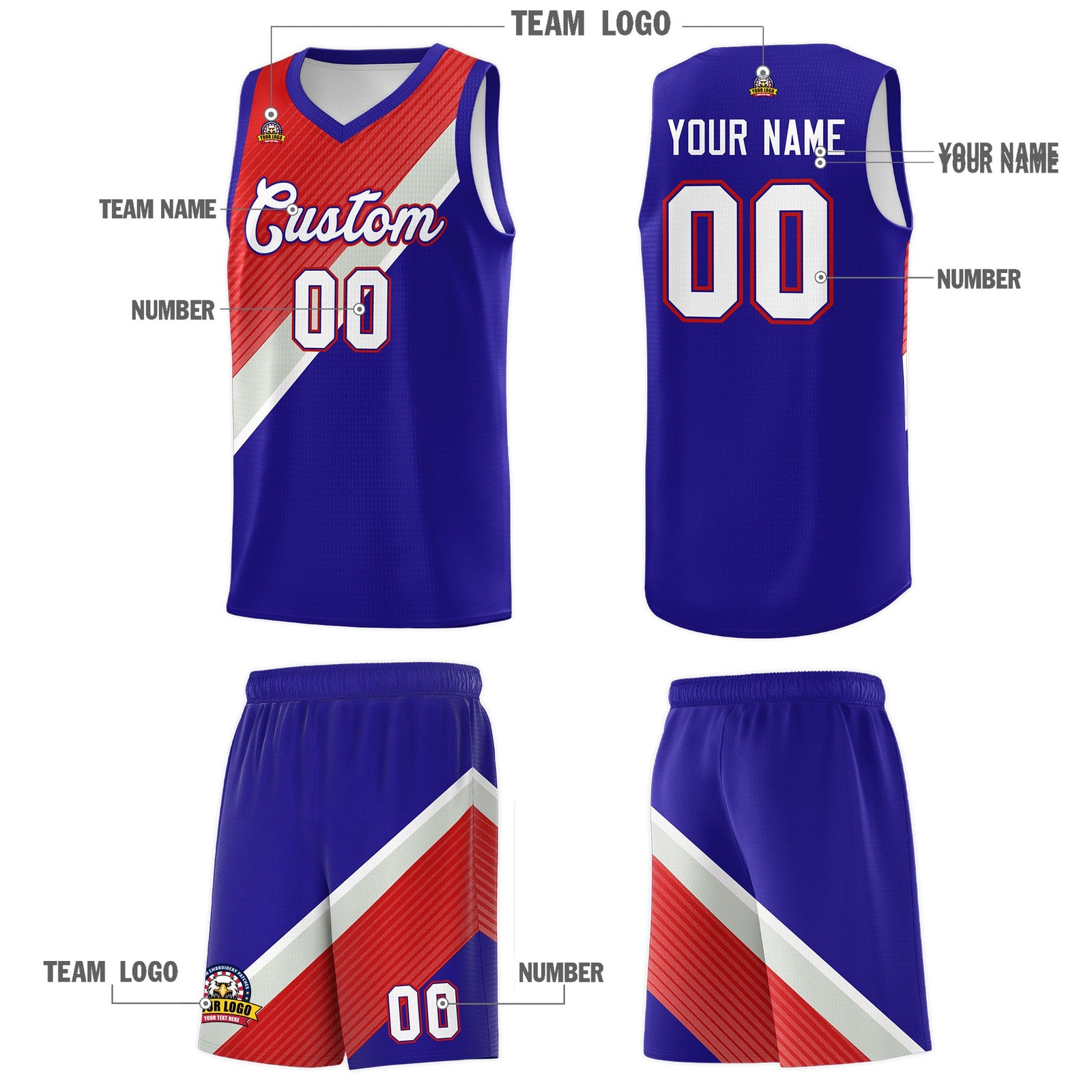 Custom Royal Red Gray Diagonal Stripes Color Block Sets Basketball Jersey | For Men,Perfect for Teams,Perfect for Coaches,Sublimation Printed,For Kid,For Youth | KXKSHOP
