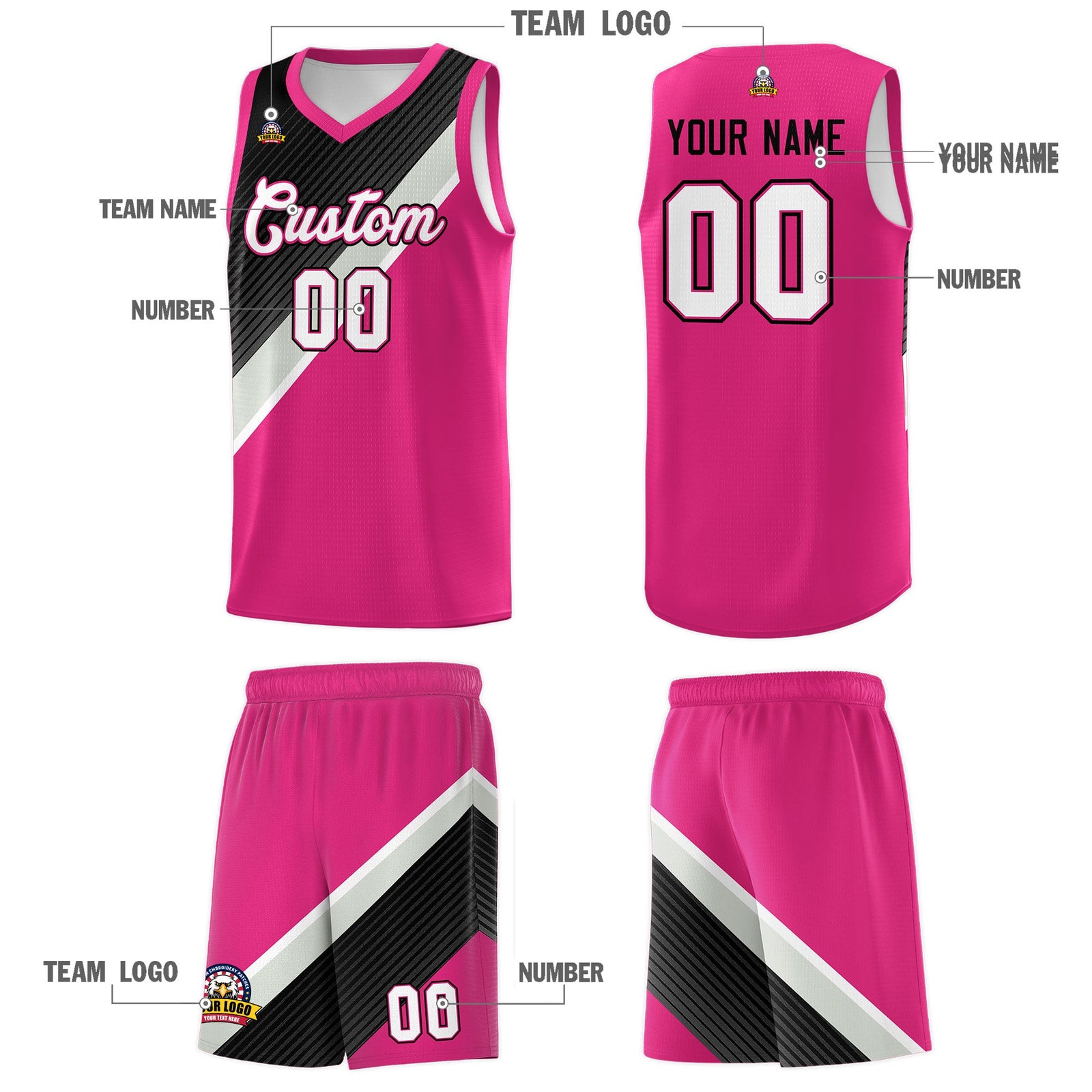 Custom Rose Red Sky Blue Black Gray Diagonal Stripes Color Block Sets Basketball Jersey | For Men,Perfect for Teams,Perfect for Coaches,Sublimation Printed,For Kid,For Youth | KXKSHOP