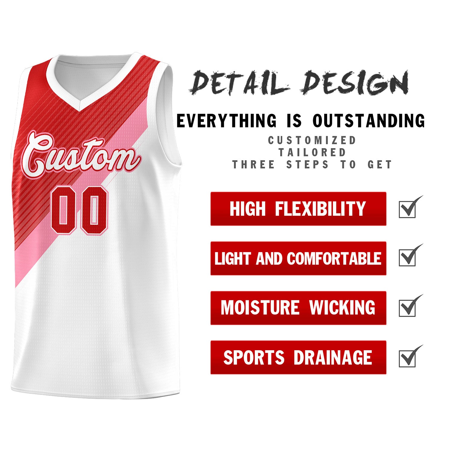 Custom White Red Light Pink Diagonal Stripes Color Block Sets Basketball Jersey | For Men,Perfect for Teams,Perfect for Coaches,Sublimation Printed,For Kid,For Youth | KXKSHOP