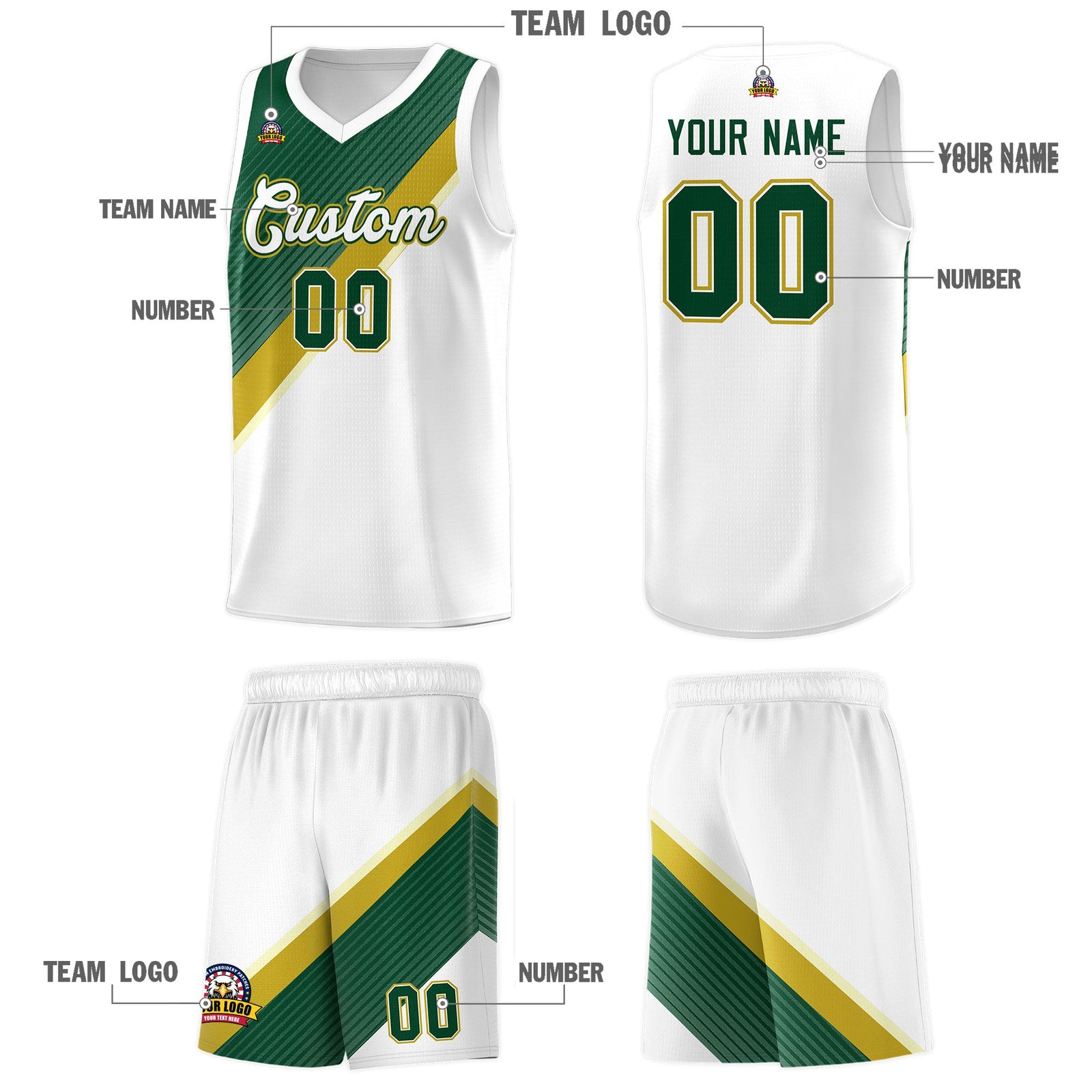 Custom White Hunter Green Old Gold Diagonal Stripes Color Block Sets Basketball Jersey | For Men,Perfect for Teams,Perfect for Coaches,Sublimation Printed,For Kid,For Youth | KXKSHOP