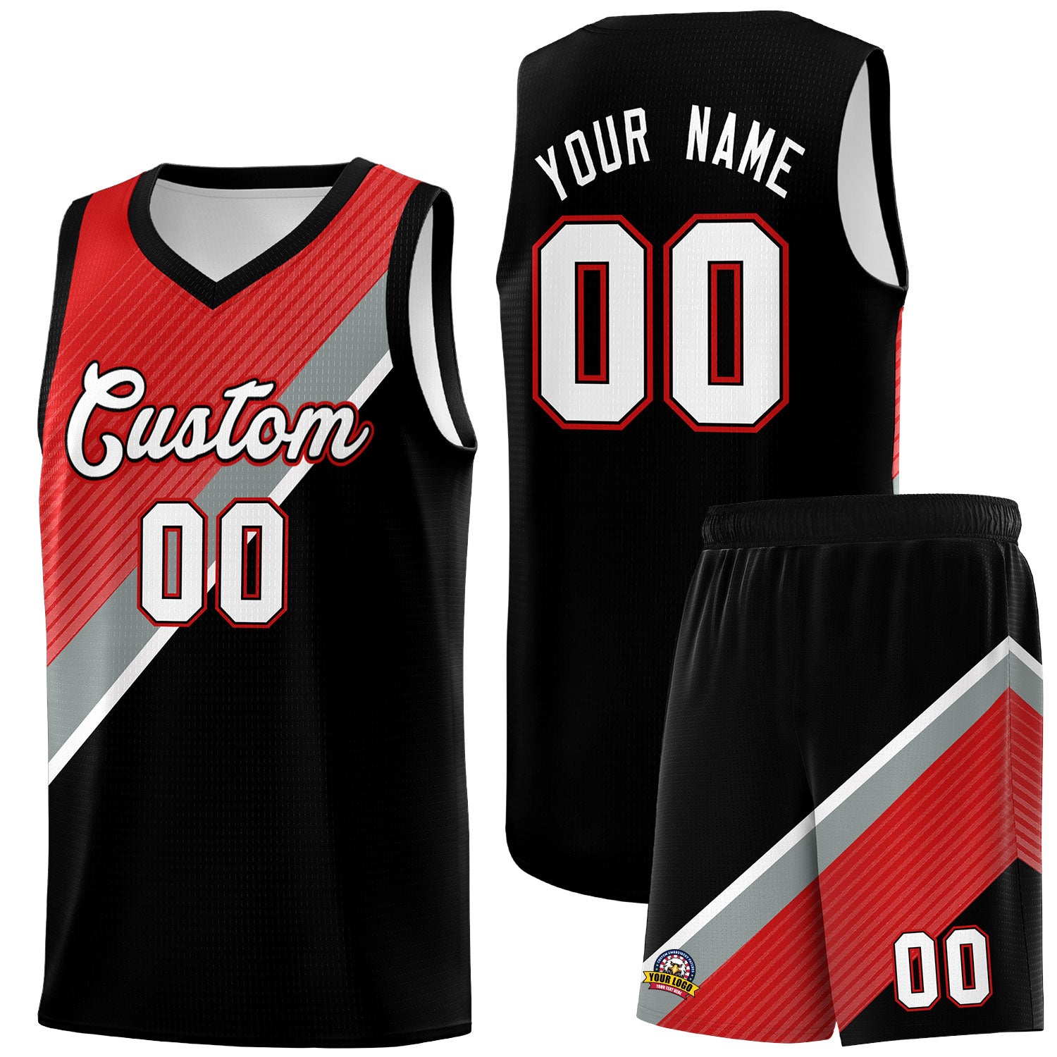 Custom Black Red Silver Gray Diagonal Stripes Color Block Sets Basketball Jersey | For Men,Perfect for Teams,Perfect for Coaches,Sublimation Printed,For Kid,For Youth | KXKSHOP