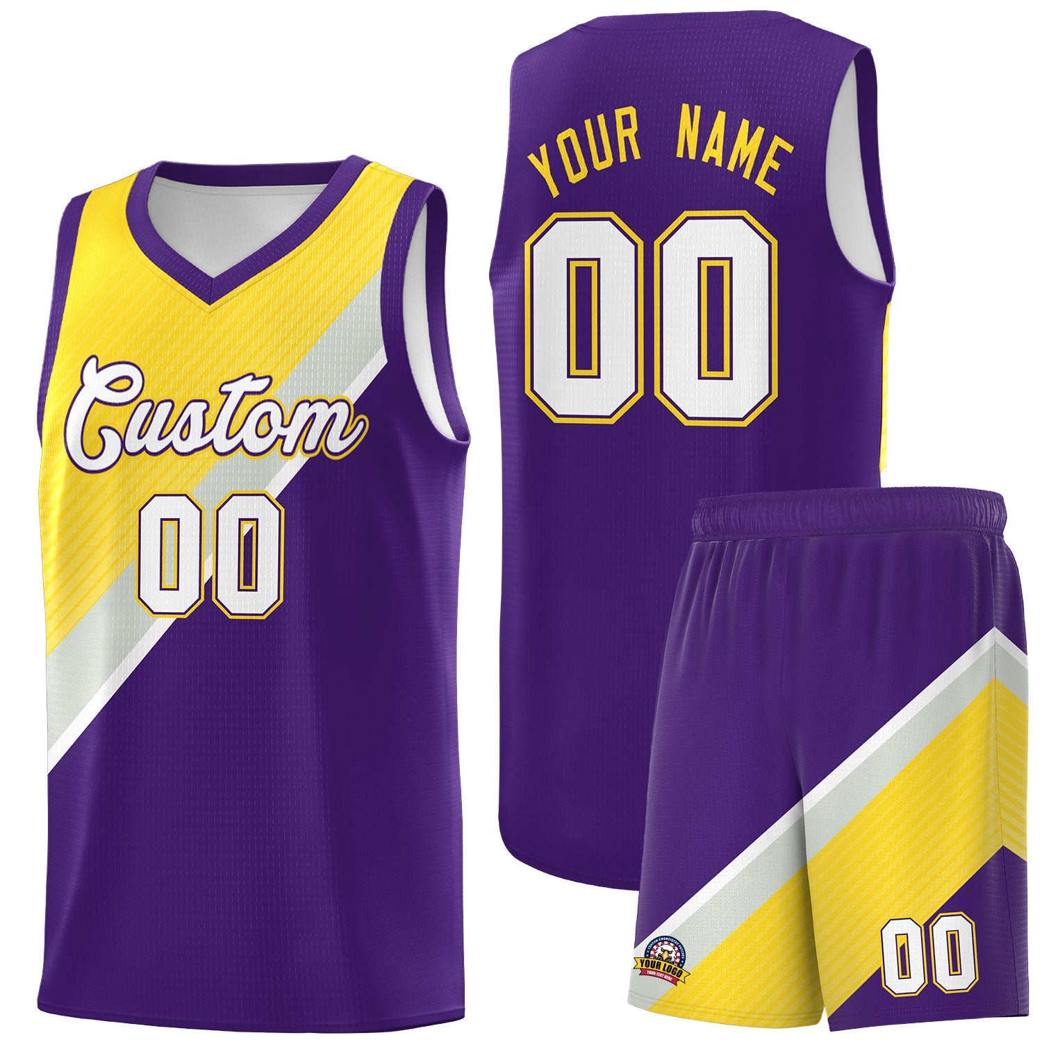 Custom Purple Gold Gray Diagonal Stripes Color Block Sets Basketball Jersey | For Men,Perfect for Teams,Perfect for Coaches,Sublimation Printed,For Kid,For Youth | KXKSHOP