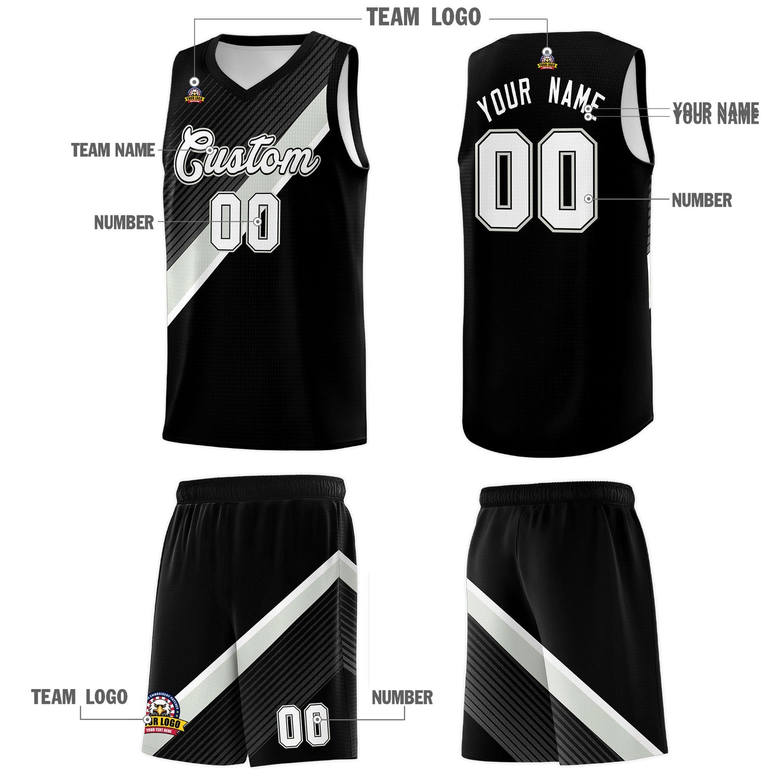 Custom Black Gray White Diagonal Stripes Color Block Sets Basketball Jersey | For Men,Perfect for Teams,Perfect for Coaches,Sublimation Printed,For Kid,For Youth | KXKSHOP