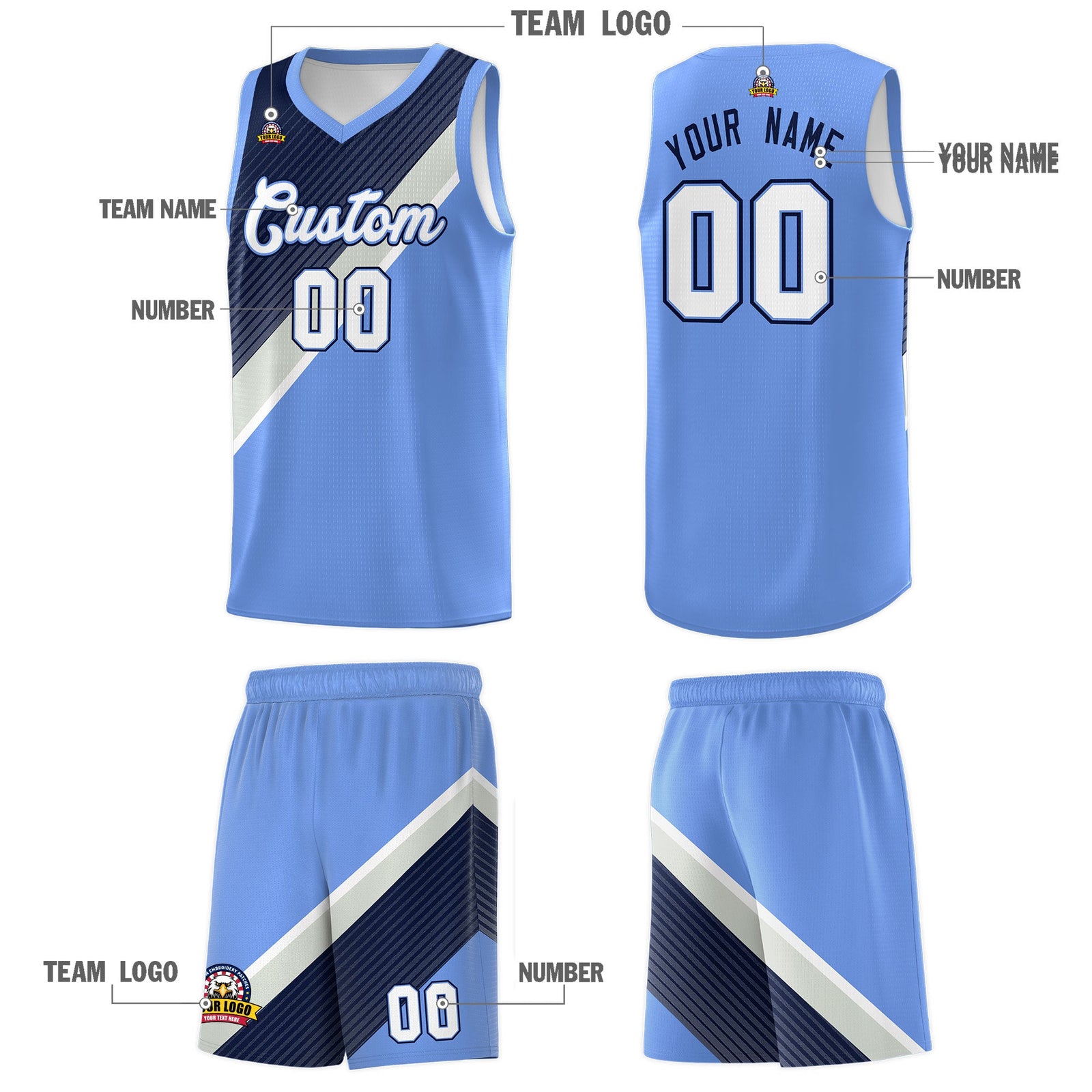 Custom Light Blue Navy Gray Diagonal Stripes Color Block Sets Basketball Jersey | For Men,Perfect for Teams,Perfect for Coaches,Sublimation Printed,For Kid,For Youth | KXKSHOP