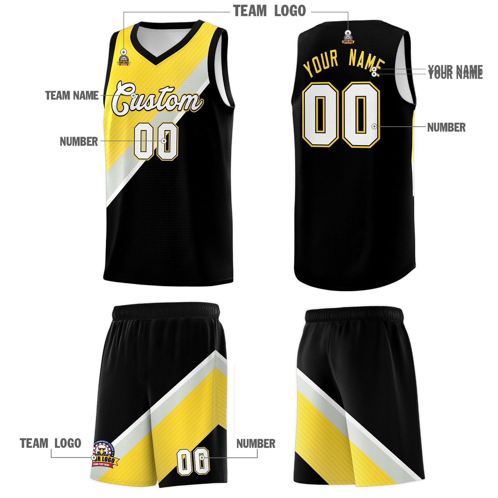 Custom Black Gold Gray Diagonal Stripes Color Block Sets Basketball Jersey | For Men,Perfect for Teams,Perfect for Coaches,Sublimation Printed,For Kid,For Youth | KXKSHOP