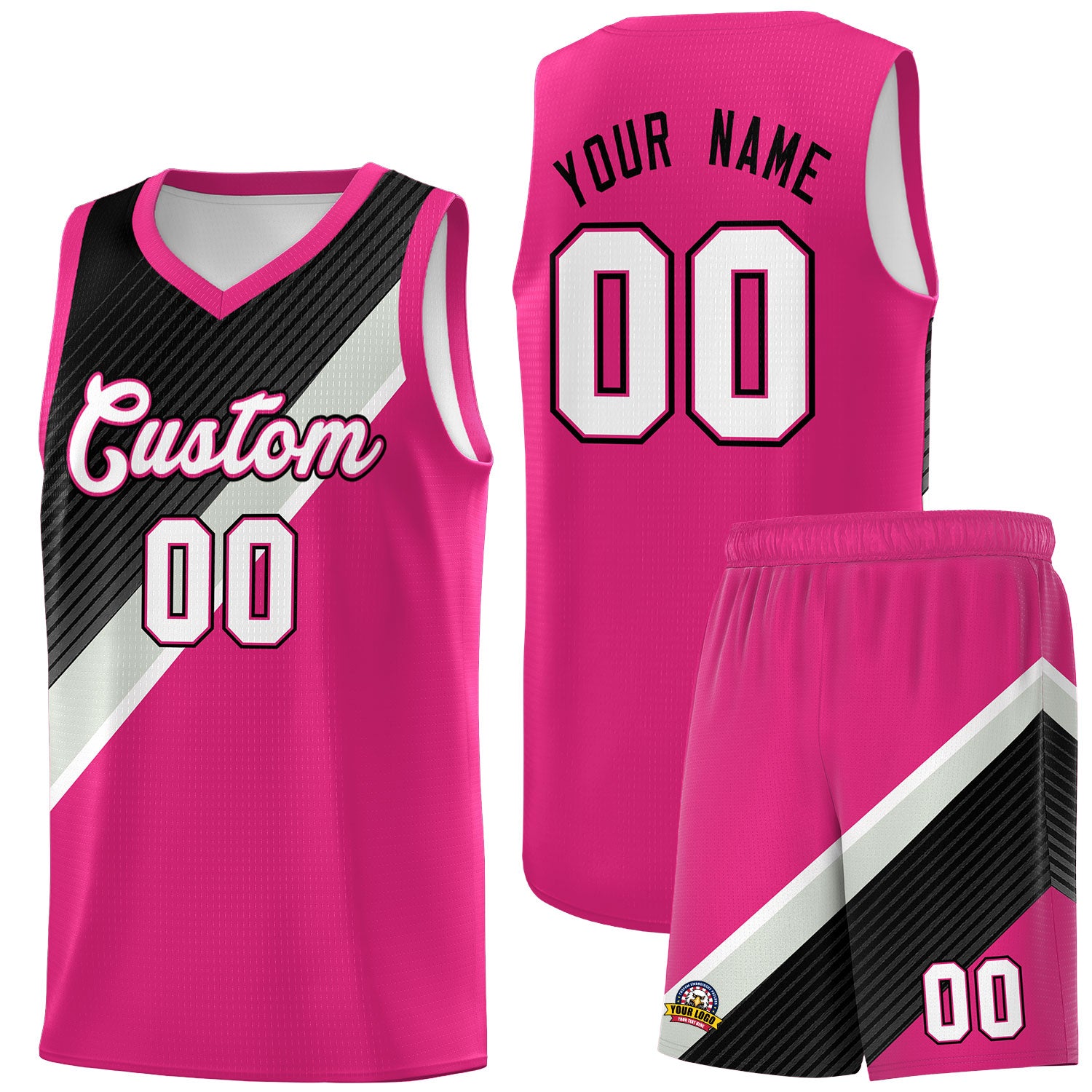 Custom Rose Red Sky Blue Black Gray Diagonal Stripes Color Block Sets Basketball Jersey | For Men,Perfect for Teams,Perfect for Coaches,Sublimation Printed,For Kid,For Youth | KXKSHOP