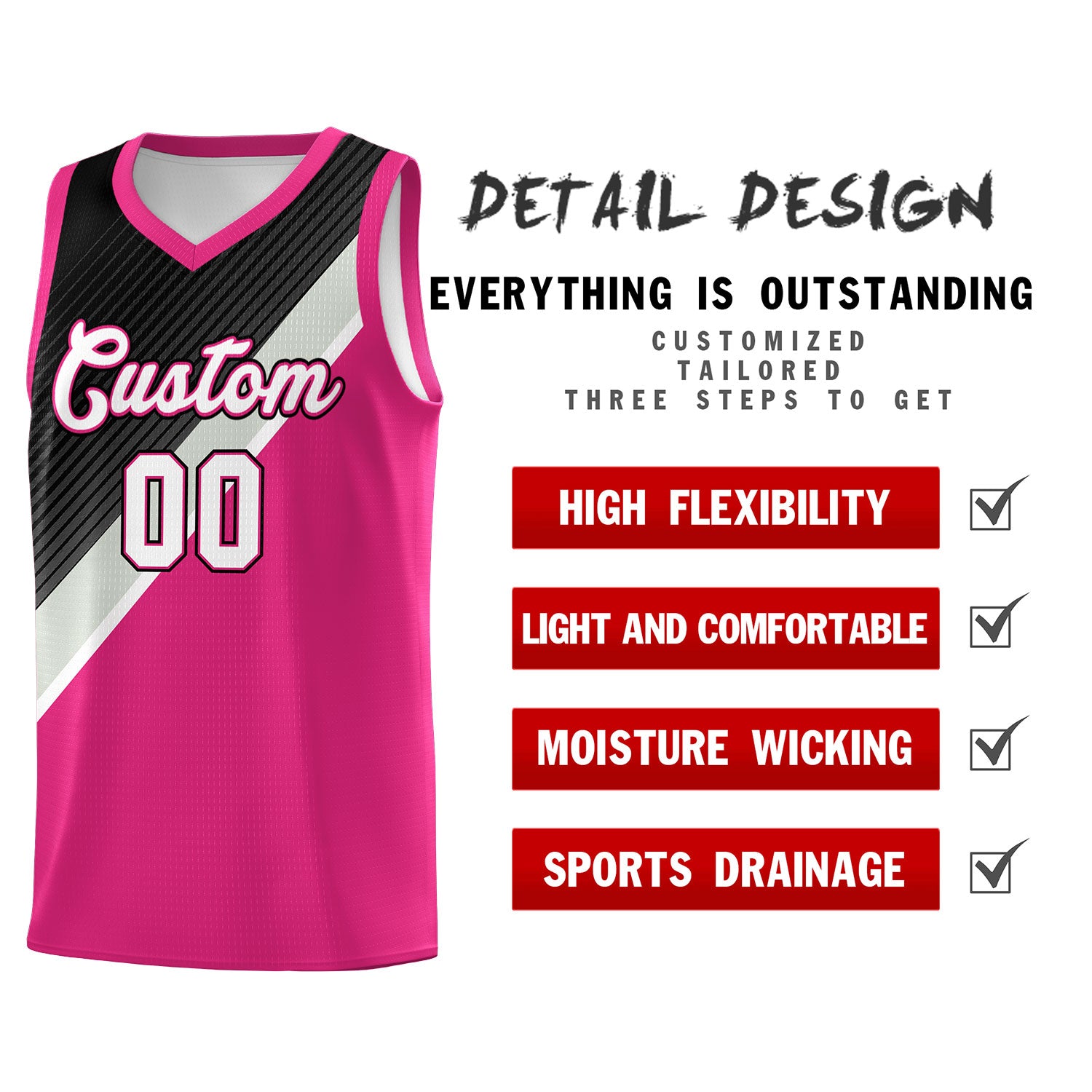 Custom Rose Red Sky Blue Black Gray Diagonal Stripes Color Block Sets Basketball Jersey | For Men,Perfect for Teams,Perfect for Coaches,Sublimation Printed,For Kid,For Youth | KXKSHOP