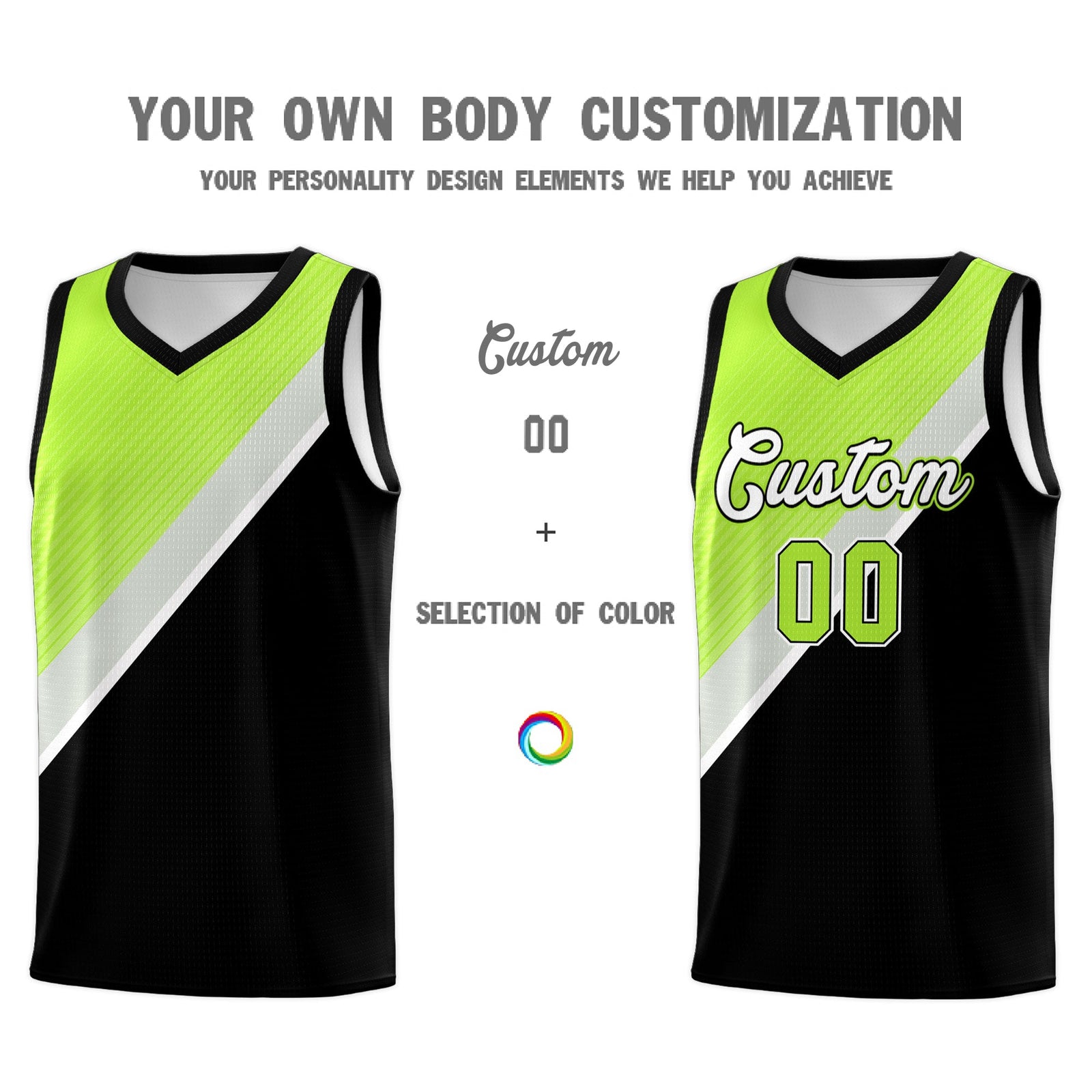 Custom Black Neon Green Gray Diagonal Stripes Color Block Sets Basketball Jersey | For Men,Perfect for Teams,Perfect for Coaches,Sublimation Printed,For Kid,For Youth | KXKSHOP