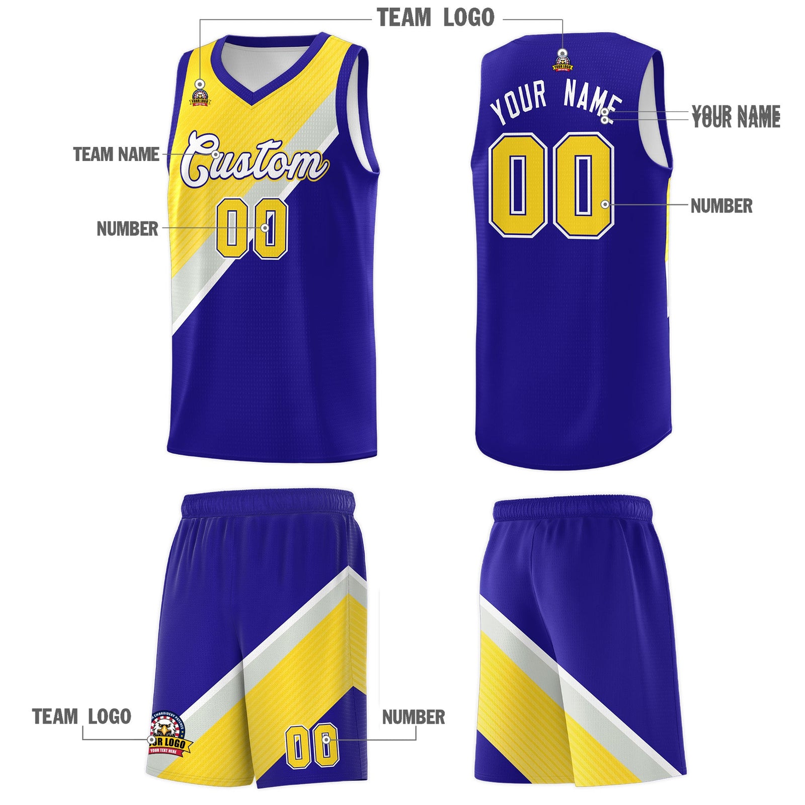 Custom Royal Gold Gray Diagonal Stripes Color Block Sets Basketball Jersey | For Men,Perfect for Teams,Perfect for Coaches,Sublimation Printed,For Kid,For Youth | KXKSHOP