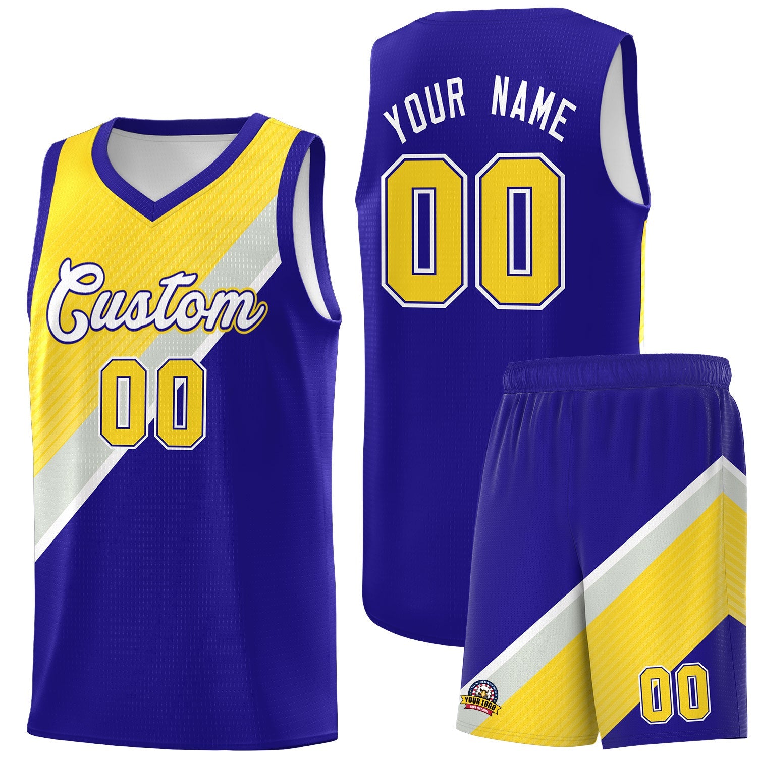 Custom Royal Gold Gray Diagonal Stripes Color Block Sets Basketball Jersey | For Men,Perfect for Teams,Perfect for Coaches,Sublimation Printed,For Kid,For Youth | KXKSHOP
