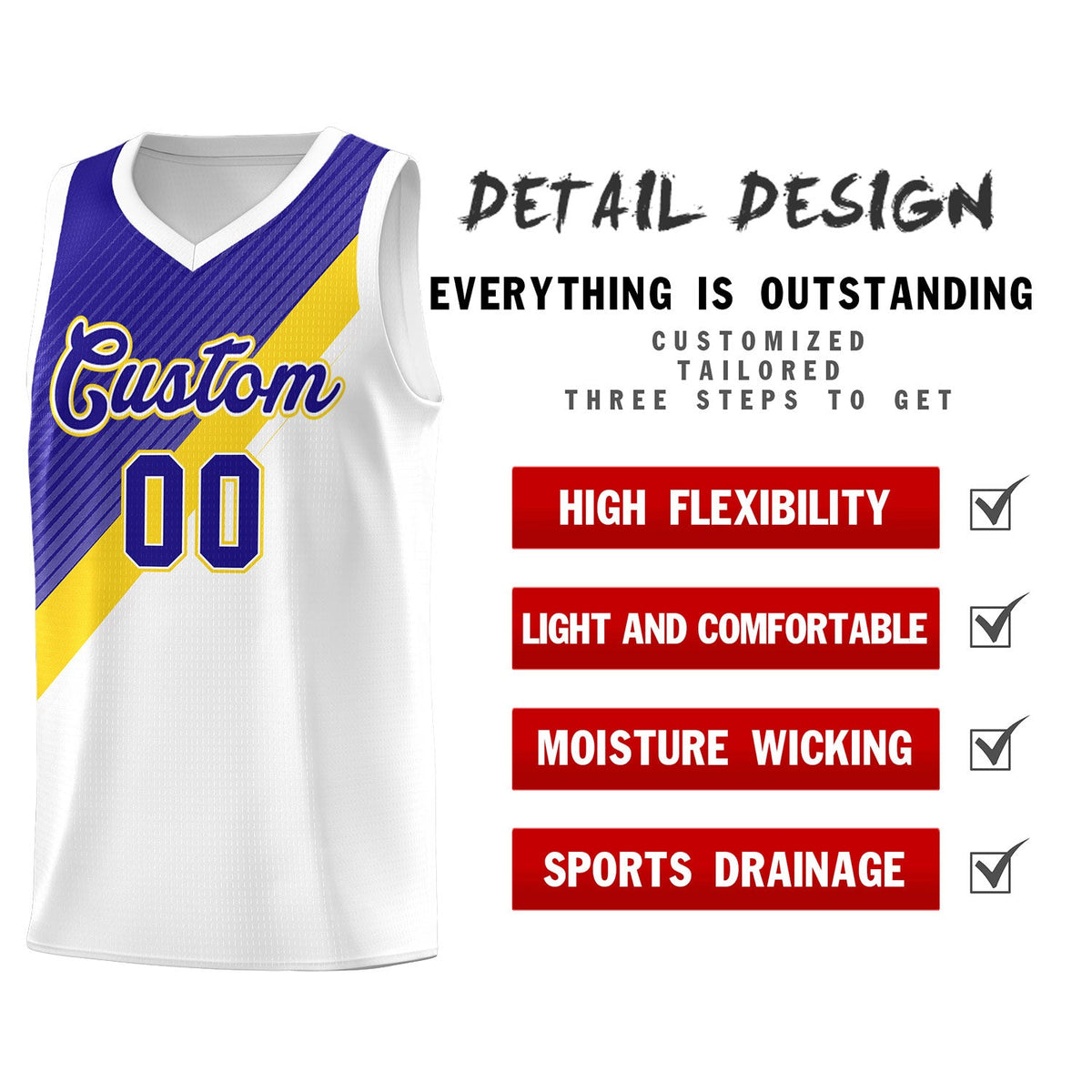 Custom White Royal Gold Diagonal Stripes Color Block Sets Basketball Jersey | For Men,Perfect for Teams,Perfect for Coaches,Sublimation Printed,For Kid,For Youth | KXKSHOP