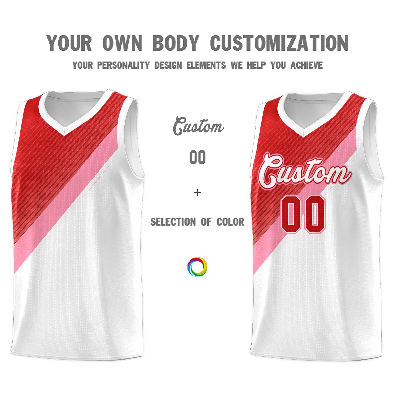 Custom White Red Light Pink Diagonal Stripes Color Block Sets Basketball Jersey | For Men,Perfect for Teams,Perfect for Coaches,Sublimation Printed,For Kid,For Youth | KXKSHOP