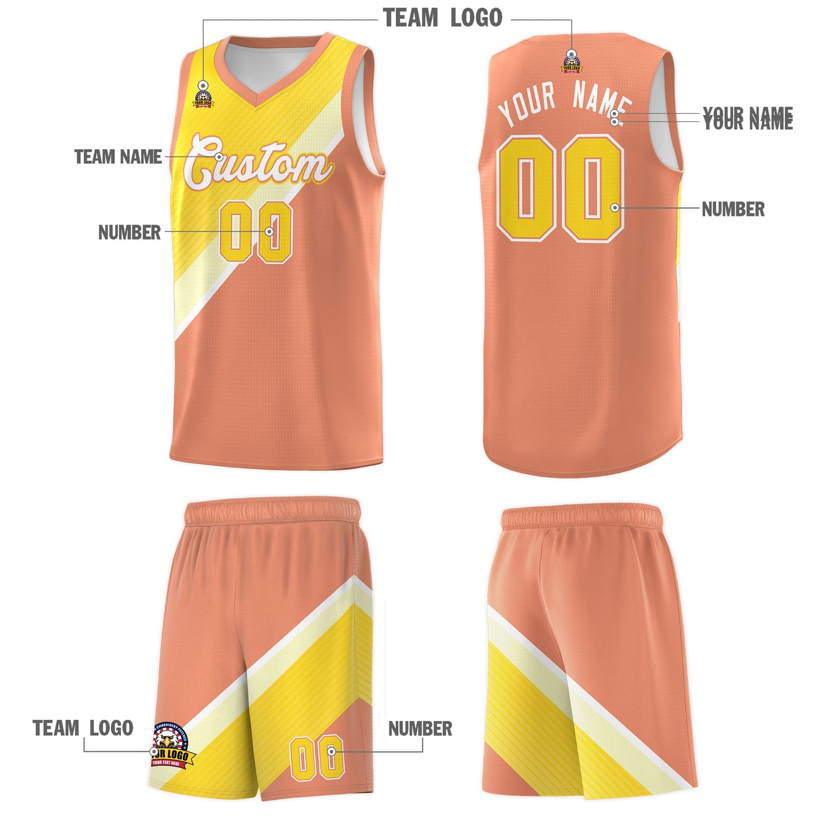 Custom Light Orange Gold Diagonal Stripes Color Block Sets Basketball Jersey | For Men,Perfect for Teams,Perfect for Coaches,Sublimation Printed,For Kid,For Youth | KXKSHOP
