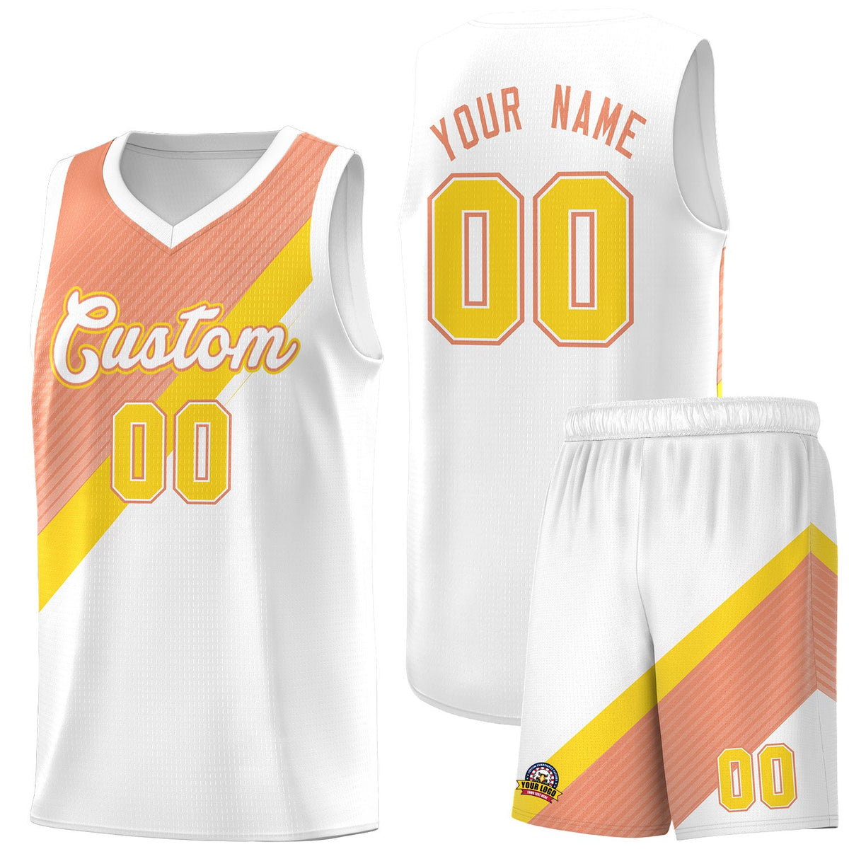 Custom White Light Orange Gold Diagonal Stripes Color Block Sets Basketball Jersey | For Men,Perfect for Teams,Perfect for Coaches,Sublimation Printed,For Kid,For Youth | KXKSHOP