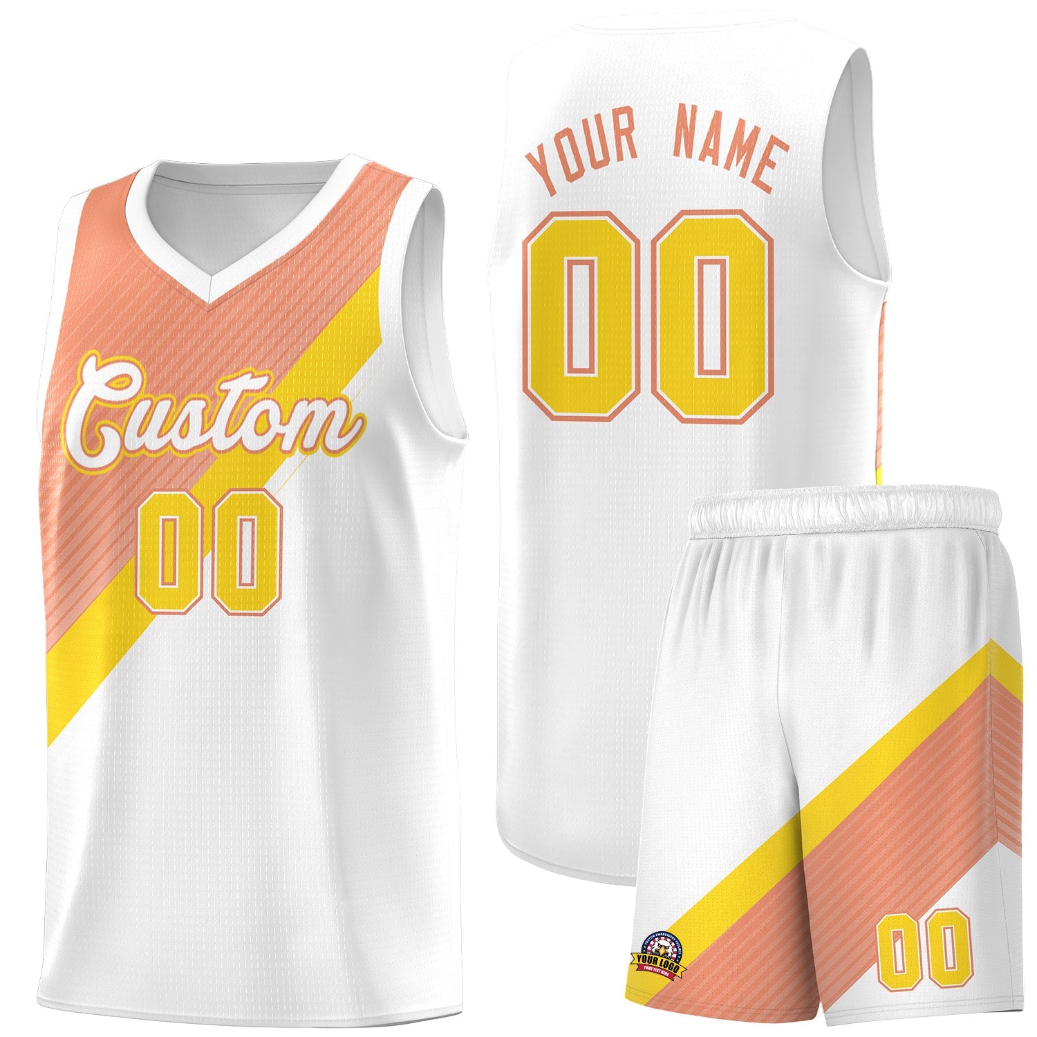 Custom White Light Orange Gold Diagonal Stripes Color Block Sets Basketball Jersey | For Men,Perfect for Teams,Perfect for Coaches,Sublimation Printed,For Kid,For Youth | KXKSHOP