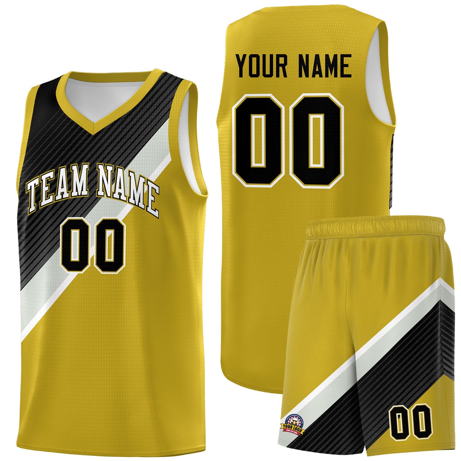 Custom Old Gold Black Gray Diagonal Stripes Color Block Sets Basketball Jersey | For Men,Perfect for Teams,Perfect for Coaches,Sublimation Printed,For Kid,For Youth | KXKSHOP