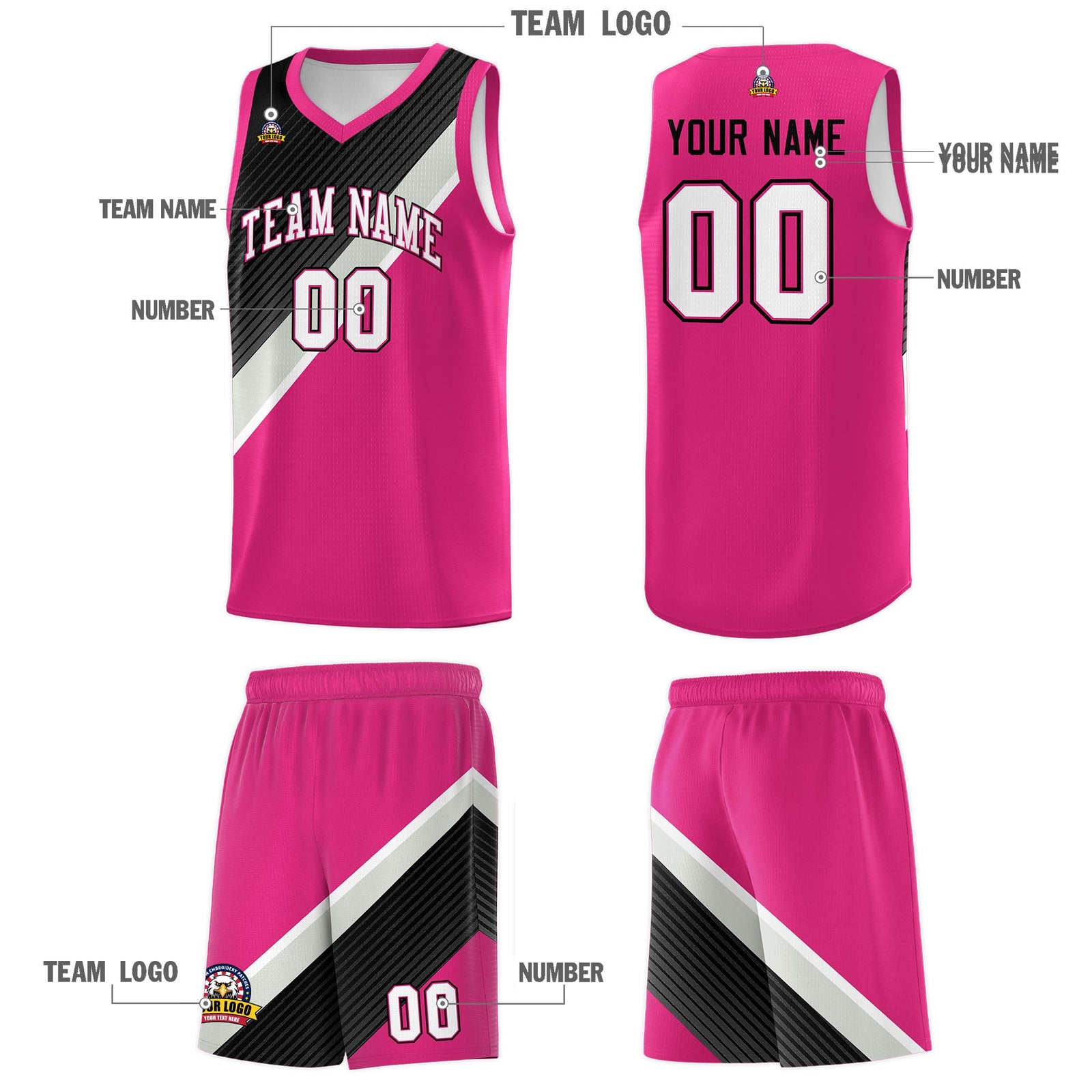Custom Rose Red Sky Blue Black Gray Diagonal Stripes Color Block Sets Basketball Jersey | For Men,Perfect for Teams,Perfect for Coaches,Sublimation Printed,For Kid,For Youth | KXKSHOP