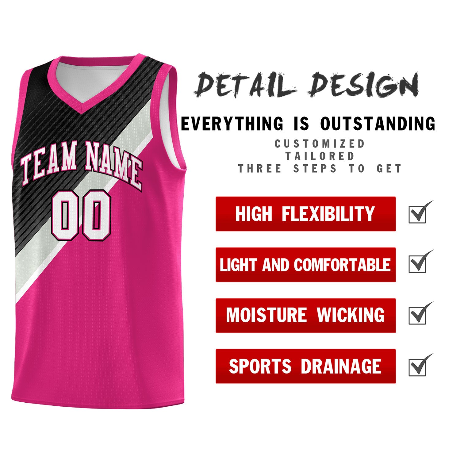 Custom Rose Red Sky Blue Black Gray Diagonal Stripes Color Block Sets Basketball Jersey | For Men,Perfect for Teams,Perfect for Coaches,Sublimation Printed,For Kid,For Youth | KXKSHOP
