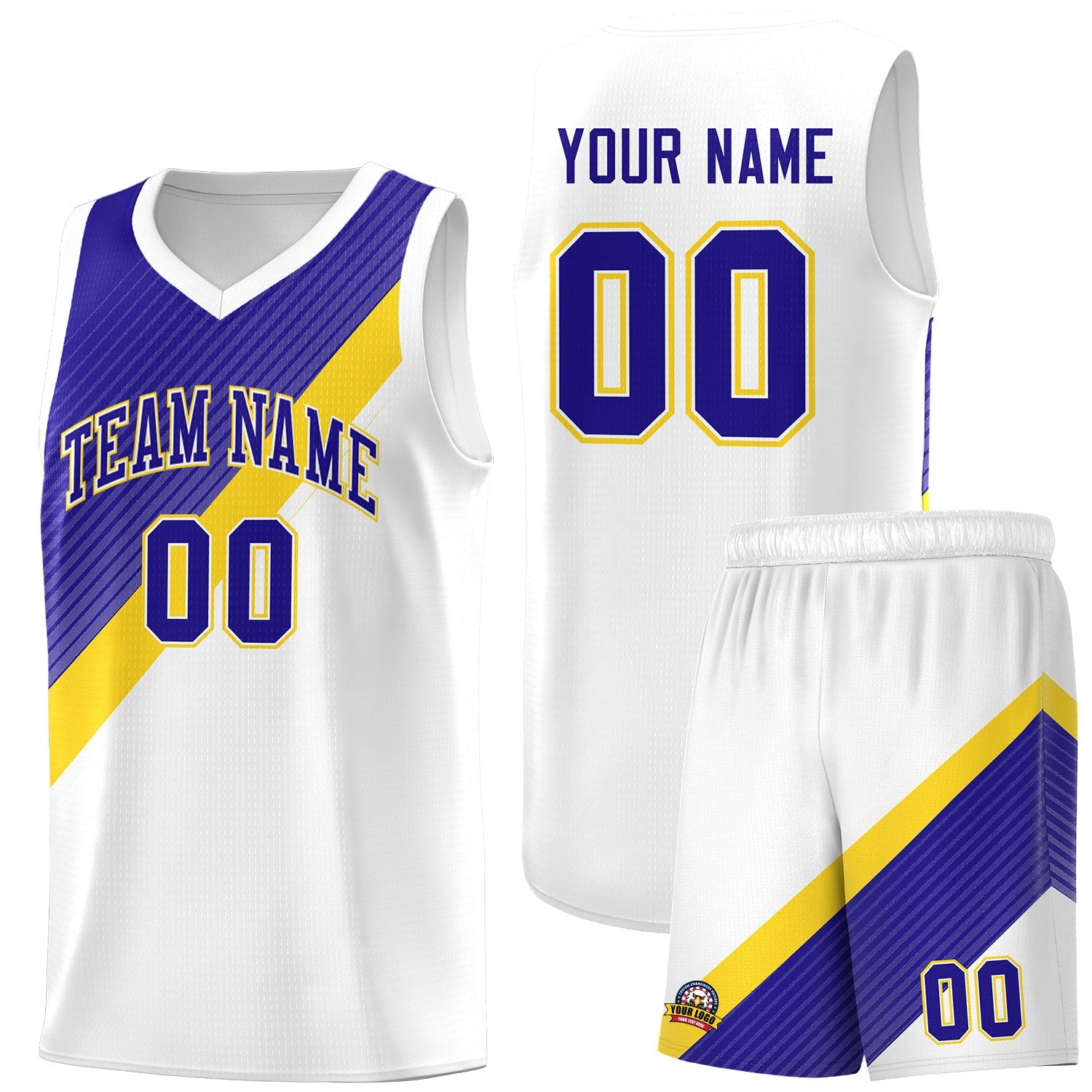 Custom White Royal Gold Diagonal Stripes Color Block Sets Basketball Jersey | For Men,Perfect for Teams,Perfect for Coaches,Sublimation Printed,For Kid,For Youth | KXKSHOP