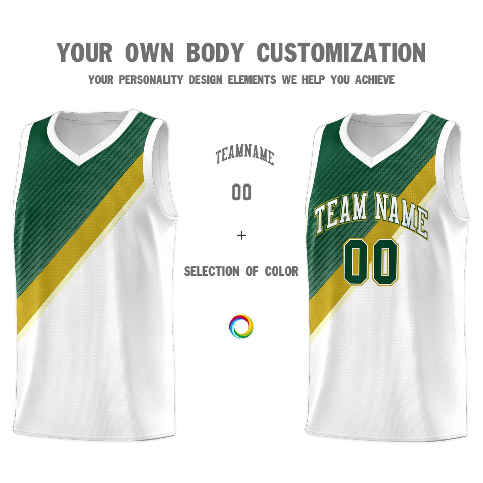 Custom White Hunter Green Old Gold Diagonal Stripes Color Block Sets Basketball Jersey | For Men,Perfect for Teams,Perfect for Coaches,Sublimation Printed,For Kid,For Youth | KXKSHOP