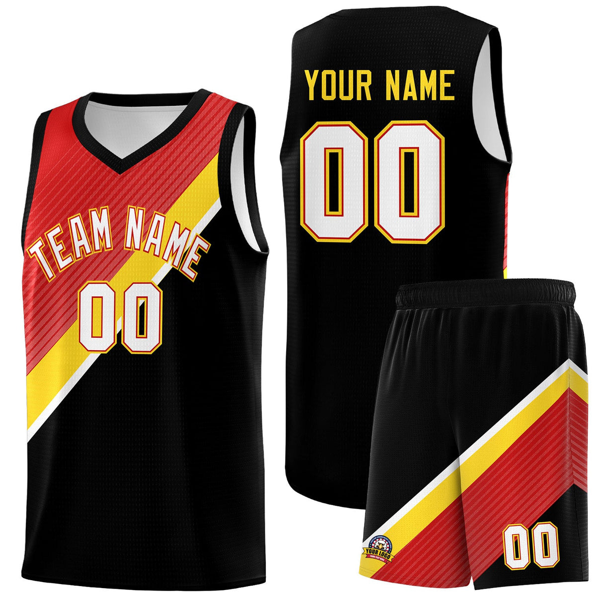 Custom Red Gold Black Diagonal Stripes Color Block Sets Basketball Jersey | For Men,Perfect for Teams,Perfect for Coaches,Sublimation Printed,For Kid,For Youth | KXKSHOP
