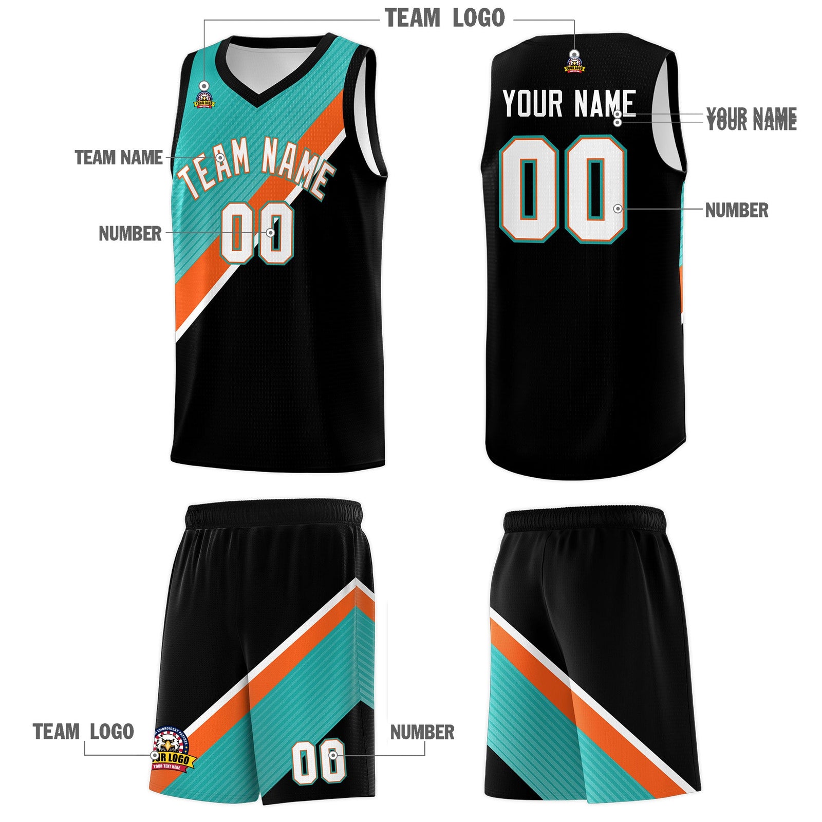Custom Aqua Orange Black Diagonal Stripes Color Block Sets Basketball Jersey | For Men,Perfect for Teams,Perfect for Coaches,Sublimation Printed,For Kid,For Youth | KXKSHOP