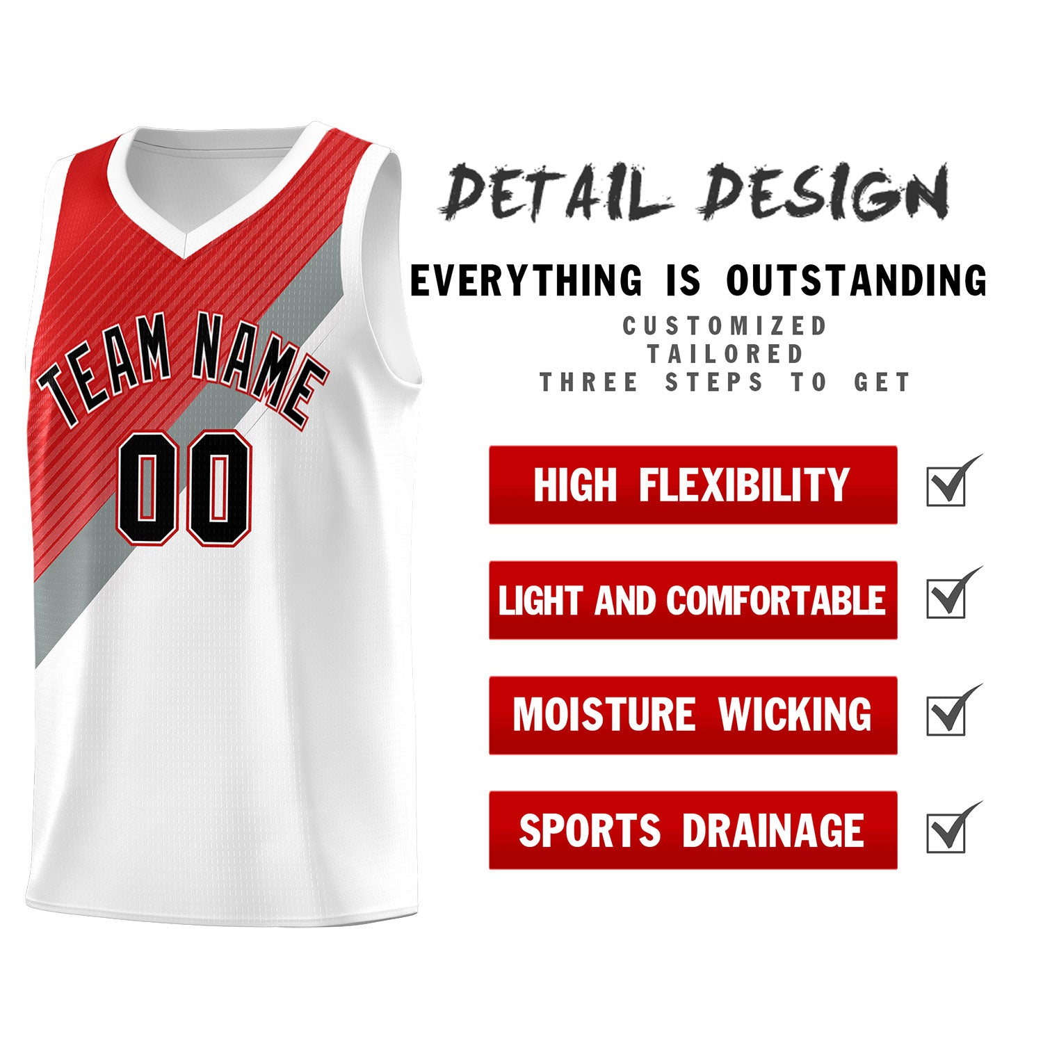 Custom Red Silver Gray White Diagonal Stripes Color Block Sets Basketball Jersey | For Men,Perfect for Teams,Perfect for Coaches,Sublimation Printed,For Kid,For Youth | KXKSHOP