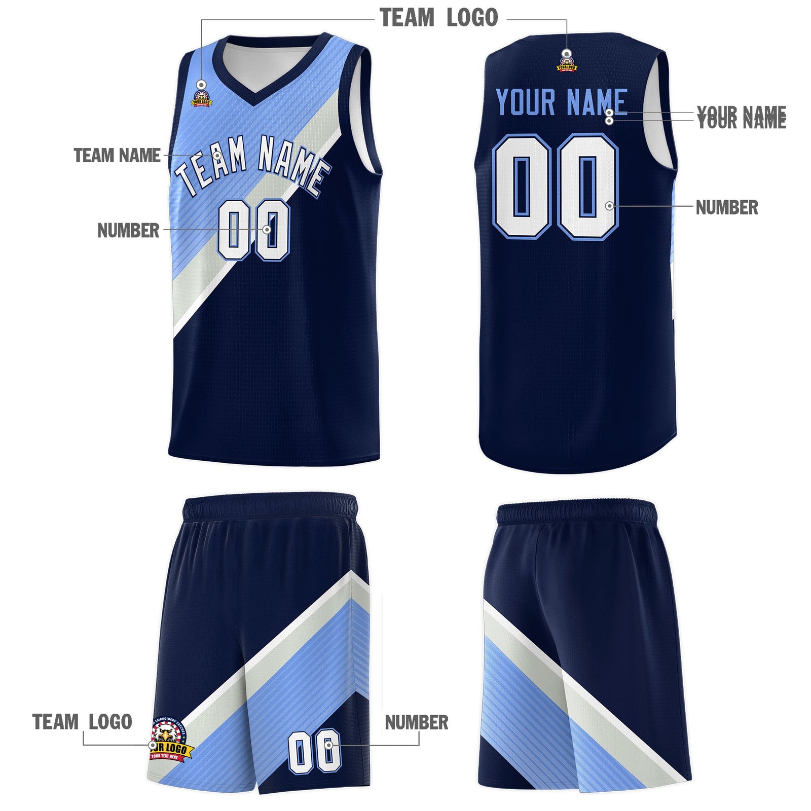 Custom Navy Light Blue Gray Diagonal Stripes Color Block Sets Basketball Jersey | For Men,Perfect for Teams,Perfect for Coaches,Sublimation Printed,For Kid,For Youth | KXKSHOP